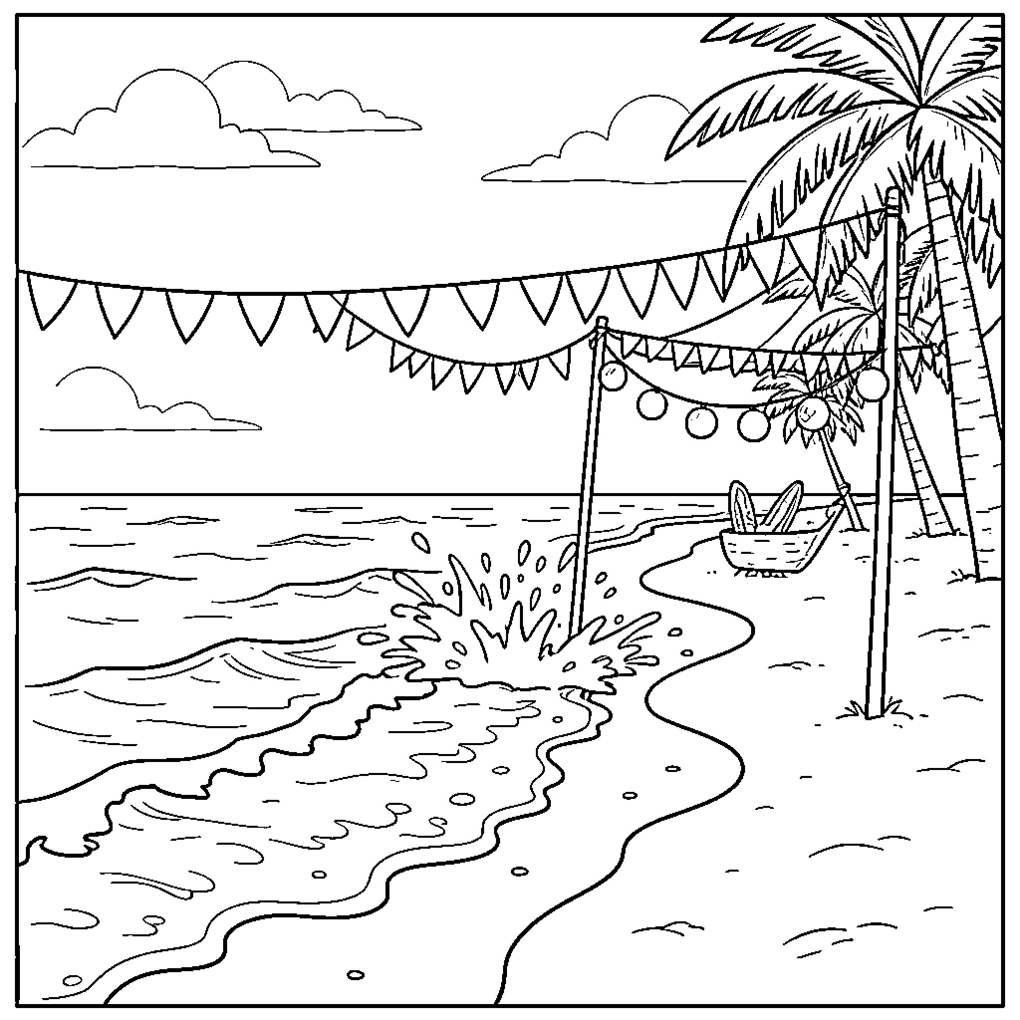 Beach scene with festive bunting and waves crashing Coloring Page (free black-and-white line drawing printable PDF for all, from beginners to advanced learners, including children, teens, adults, and seniors)
