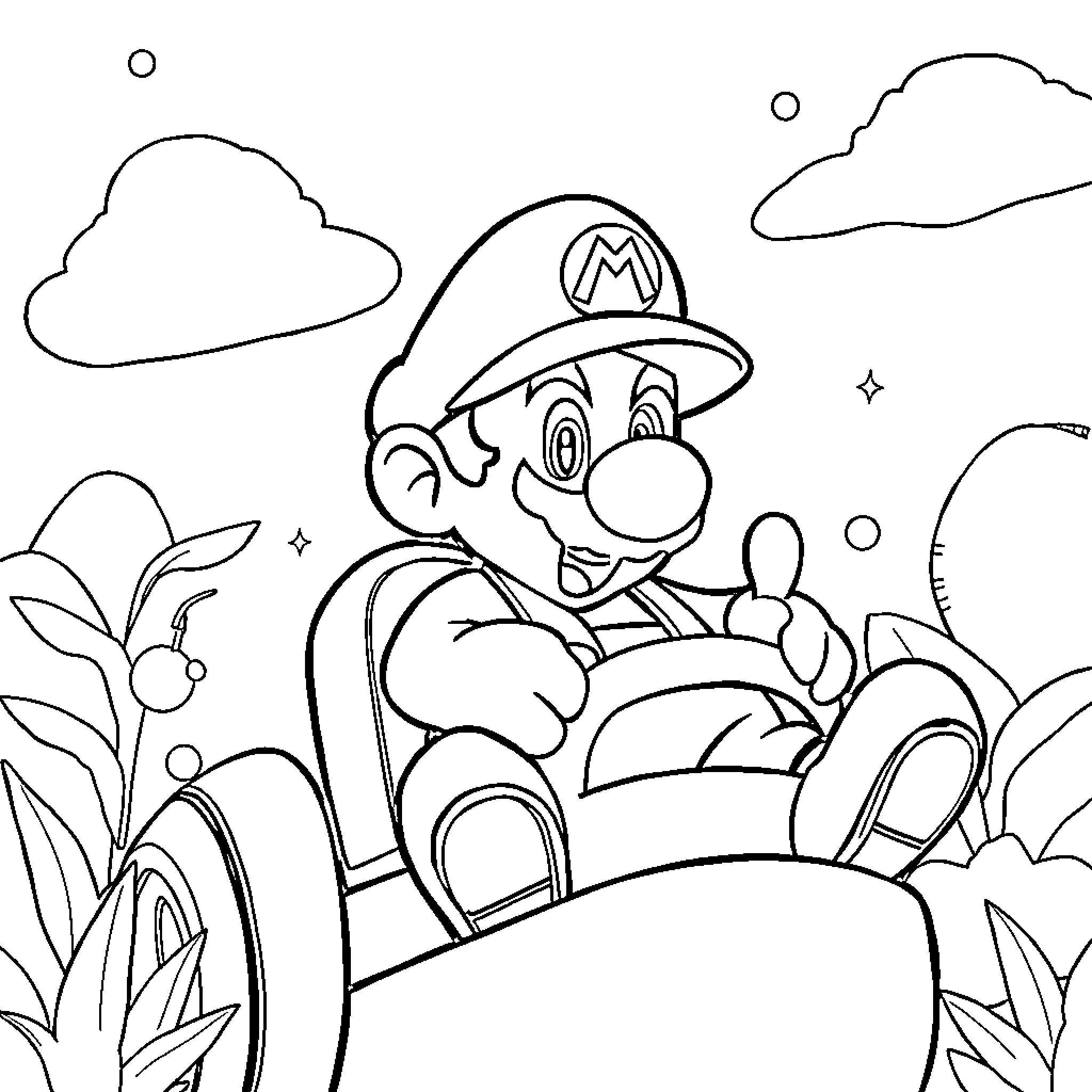 Super Mario Exploring the Mushroom Kingdom Coloring Page (free black-and-white line drawing printable PDF for all, from beginners to advanced learners, including children, teens, adults, and seniors)