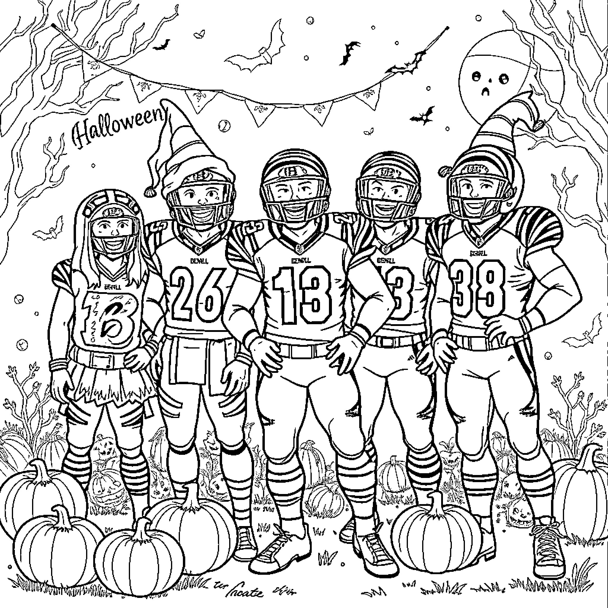 Bengals football team celebrating Halloween Coloring Page (free black-and-white line drawing printable PDF for all, from beginners to advanced learners, including children, teens, adults, and seniors)