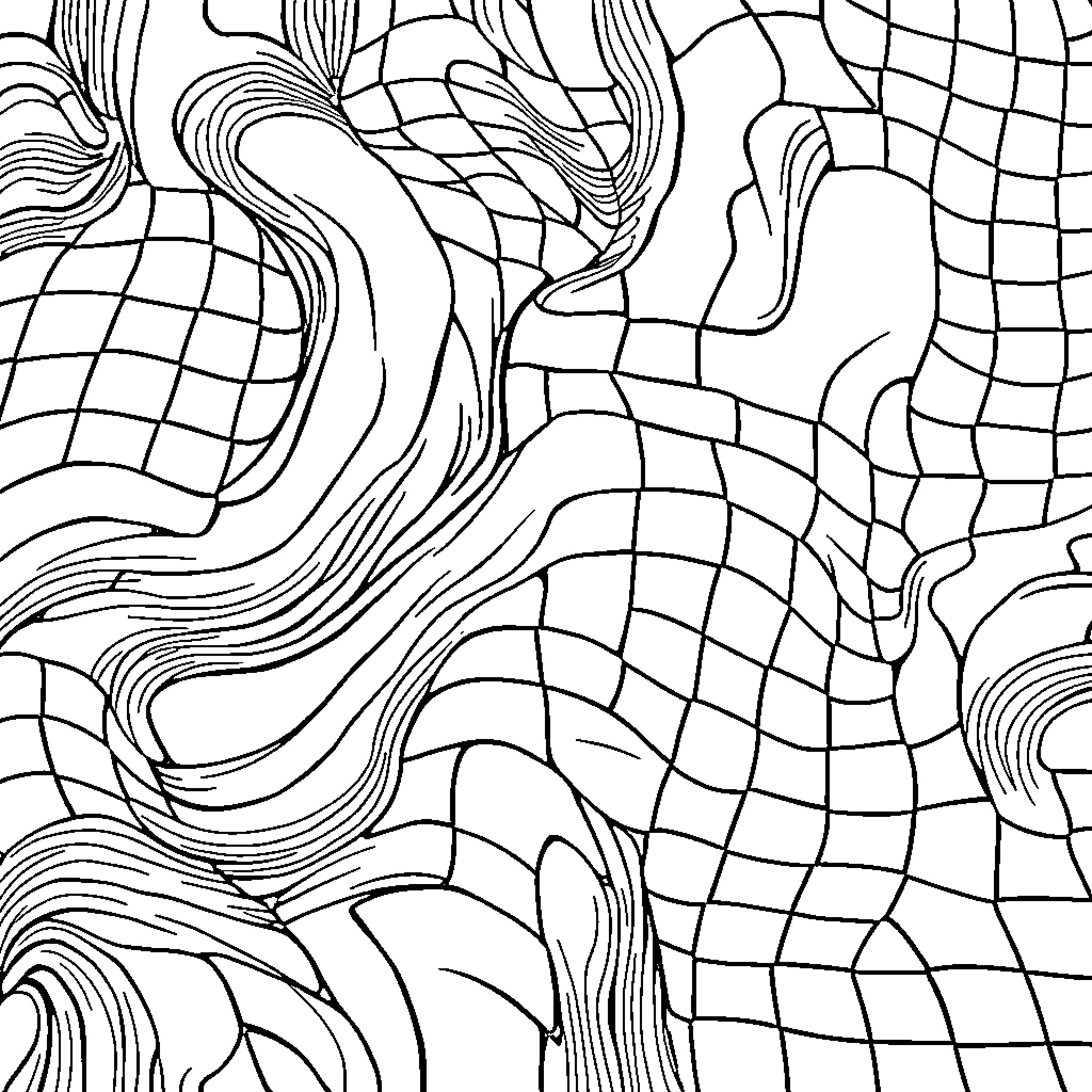 Pattern of flowing abstract shapes and lines Coloring Page (free black-and-white line drawing printable PDF for all, from beginners to advanced learners, including children, teens, adults, and seniors)