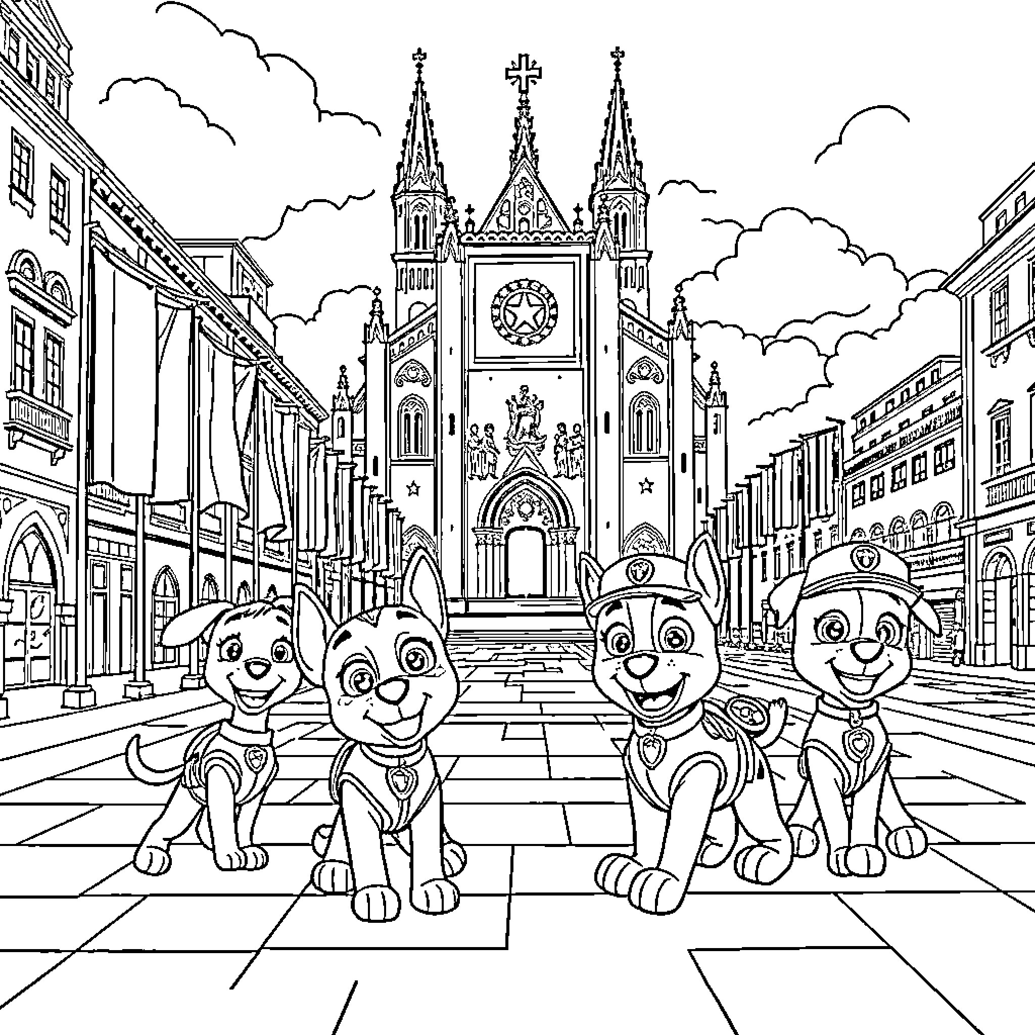 Paw Patrol characters explore historic city street Coloring Page (free black-and-white line drawing printable PDF for all, from beginners to advanced learners, including children, teens, adults, and seniors)