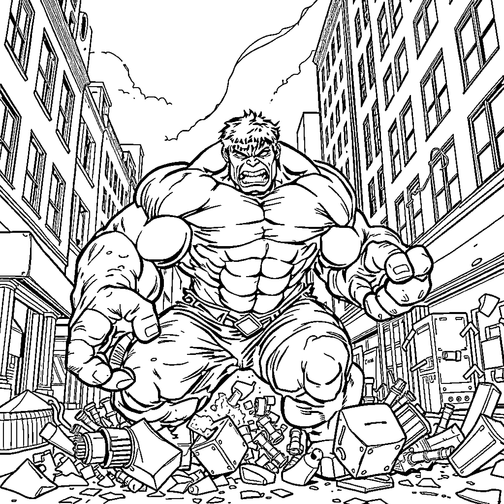 Hulk rampaging through the city, causing destruction Coloring Page (free black-and-white line drawing printable PDF for all, from beginners to advanced learners, including children, teens, adults, and seniors)