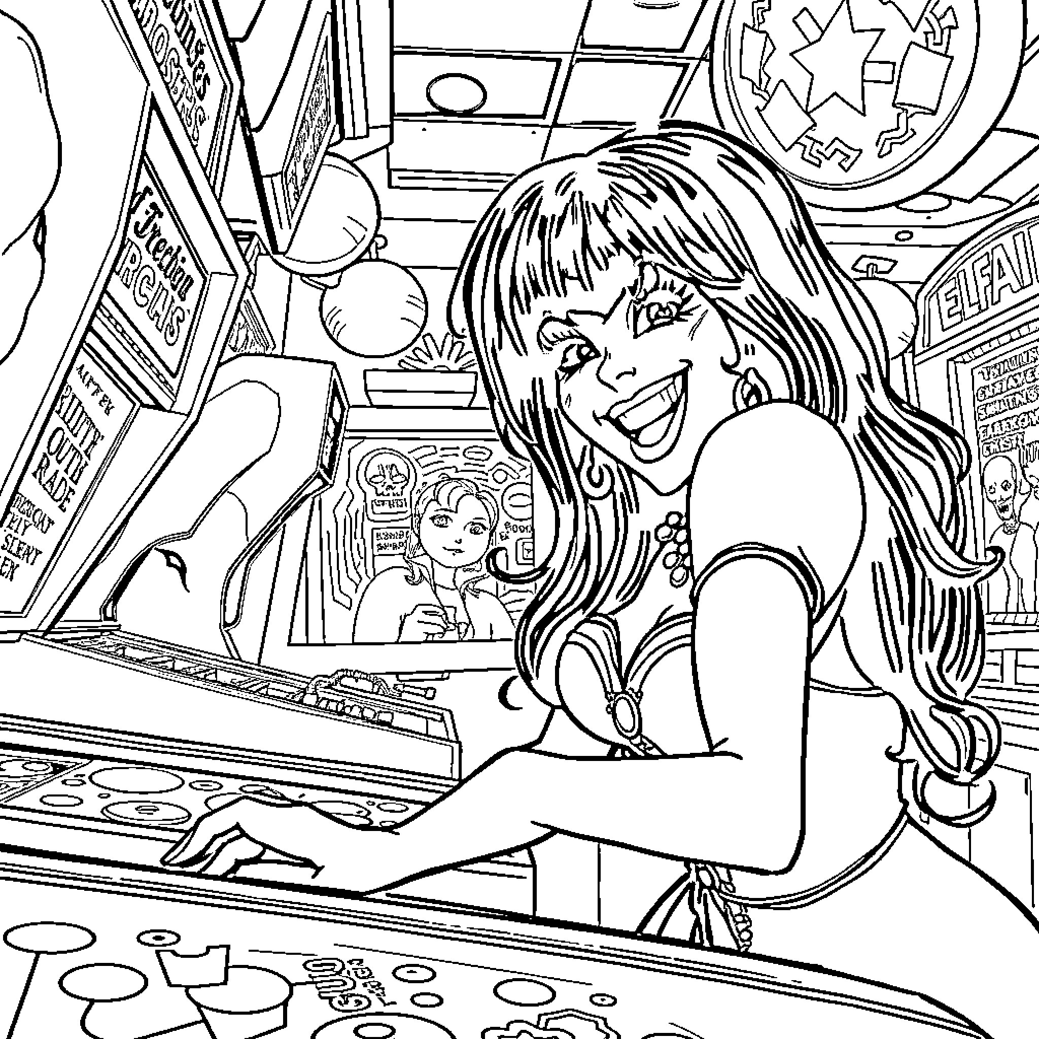 Elvira enjoys herself at the arcade Coloring Page (free black-and-white line drawing printable PDF for all, from beginners to advanced learners, including children, teens, adults, and seniors)