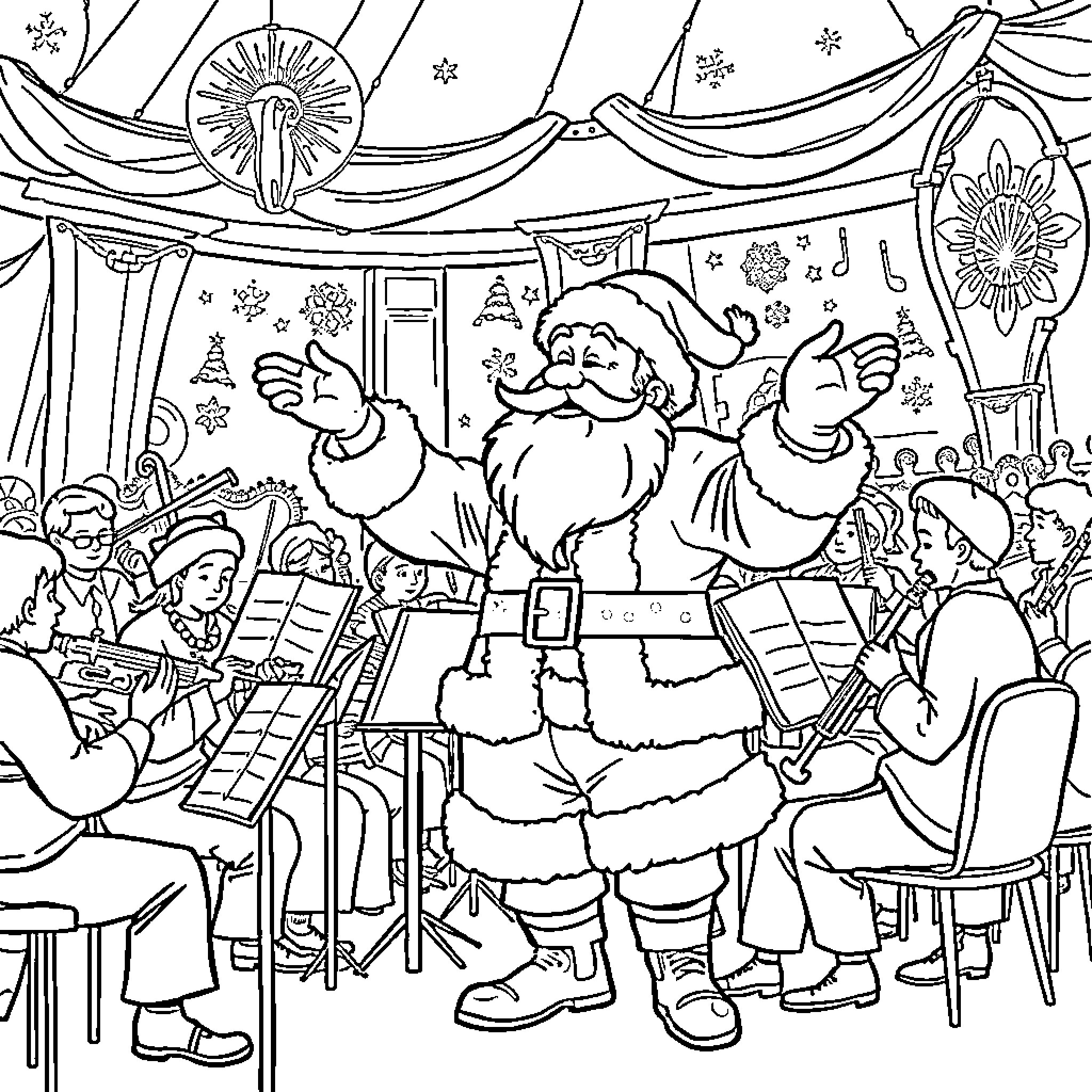 Santa Claus Entertaining Crowd with Music at Holiday Celebration Coloring Page (free black-and-white line drawing printable PDF for all, from beginners to advanced learners, including children, teens, adults, and seniors)