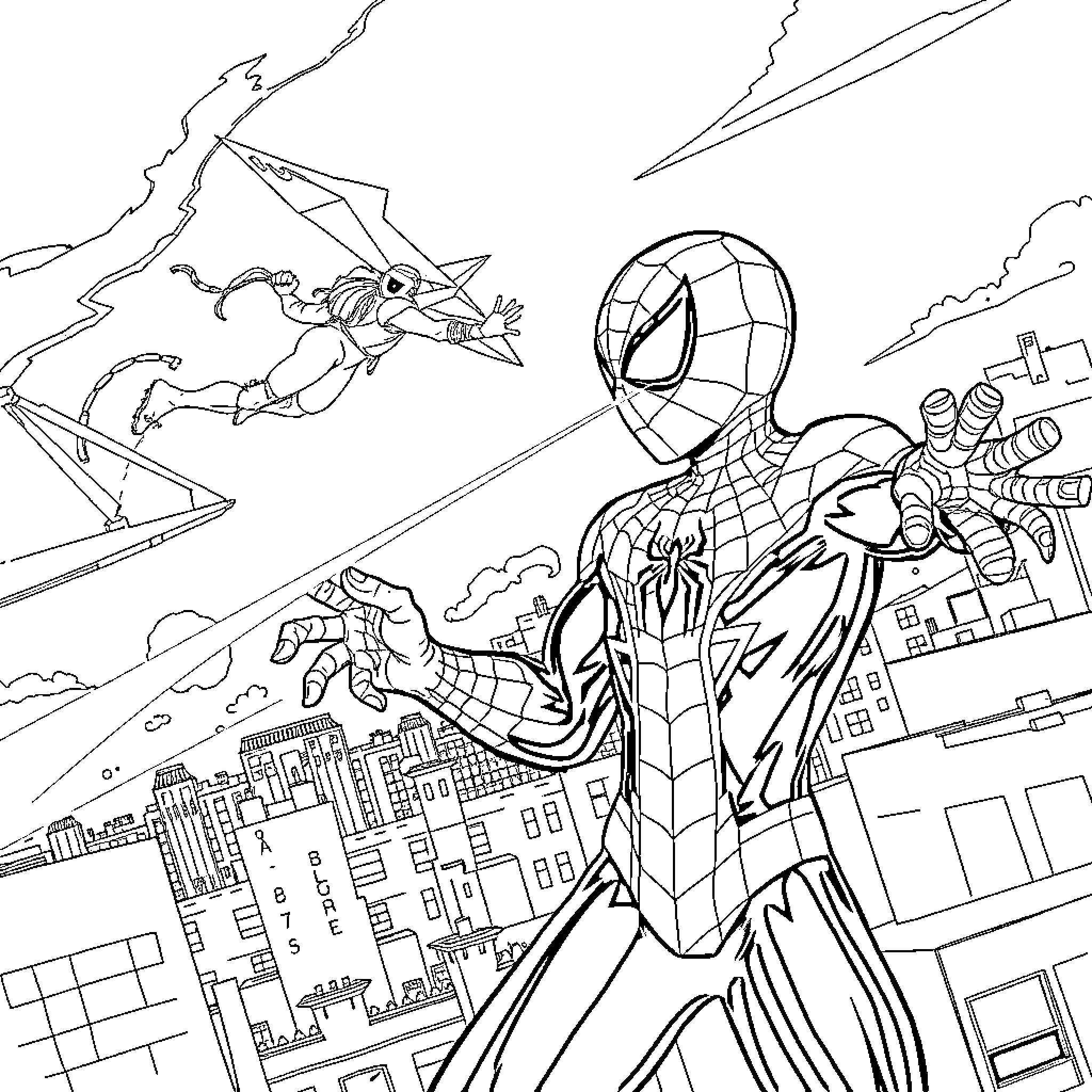 Spider-Man battles villains in the city Coloring Page (free black-and-white line drawing printable PDF for all, from beginners to advanced learners, including children, teens, adults, and seniors)
