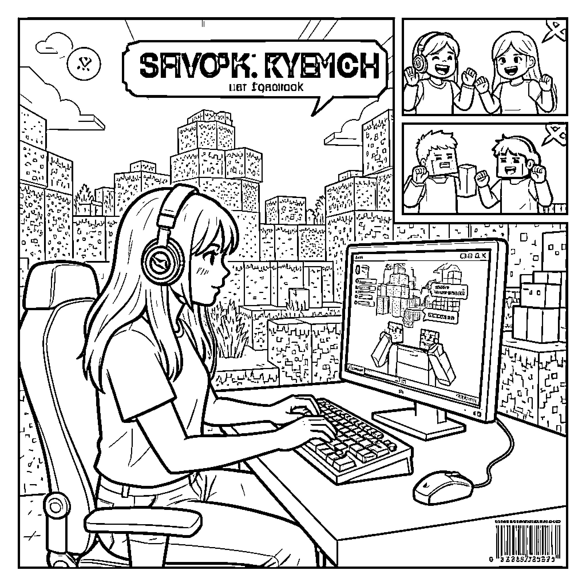 Streamer playing video games in a city setting Coloring Page (free black-and-white line drawing printable PDF for all, from beginners to advanced learners, including children, teens, adults, and seniors)