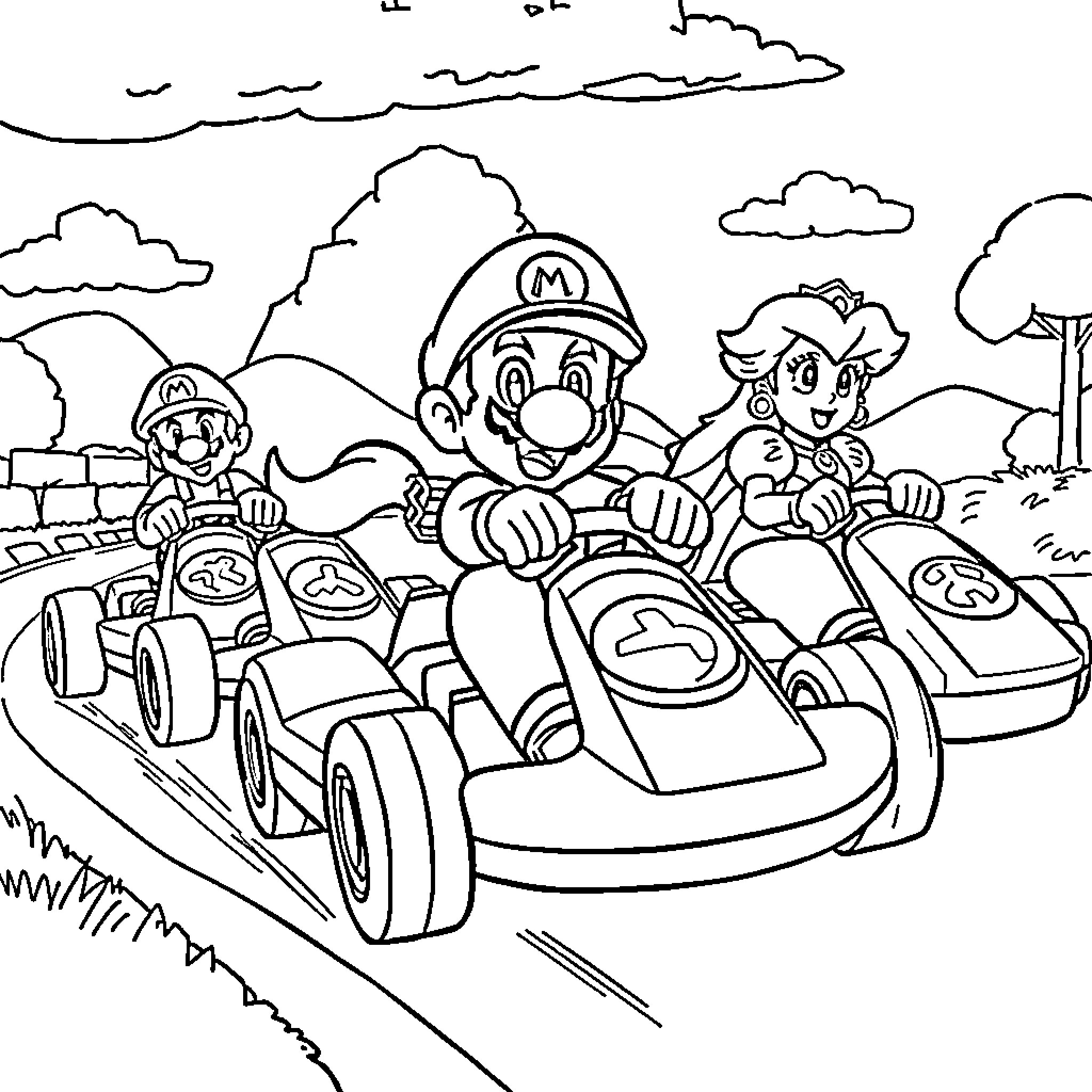 Mario Kart Racers Speeding Down the Track Coloring Page (free black-and-white line drawing printable PDF for all, from beginners to advanced learners, including children, teens, adults, and seniors)