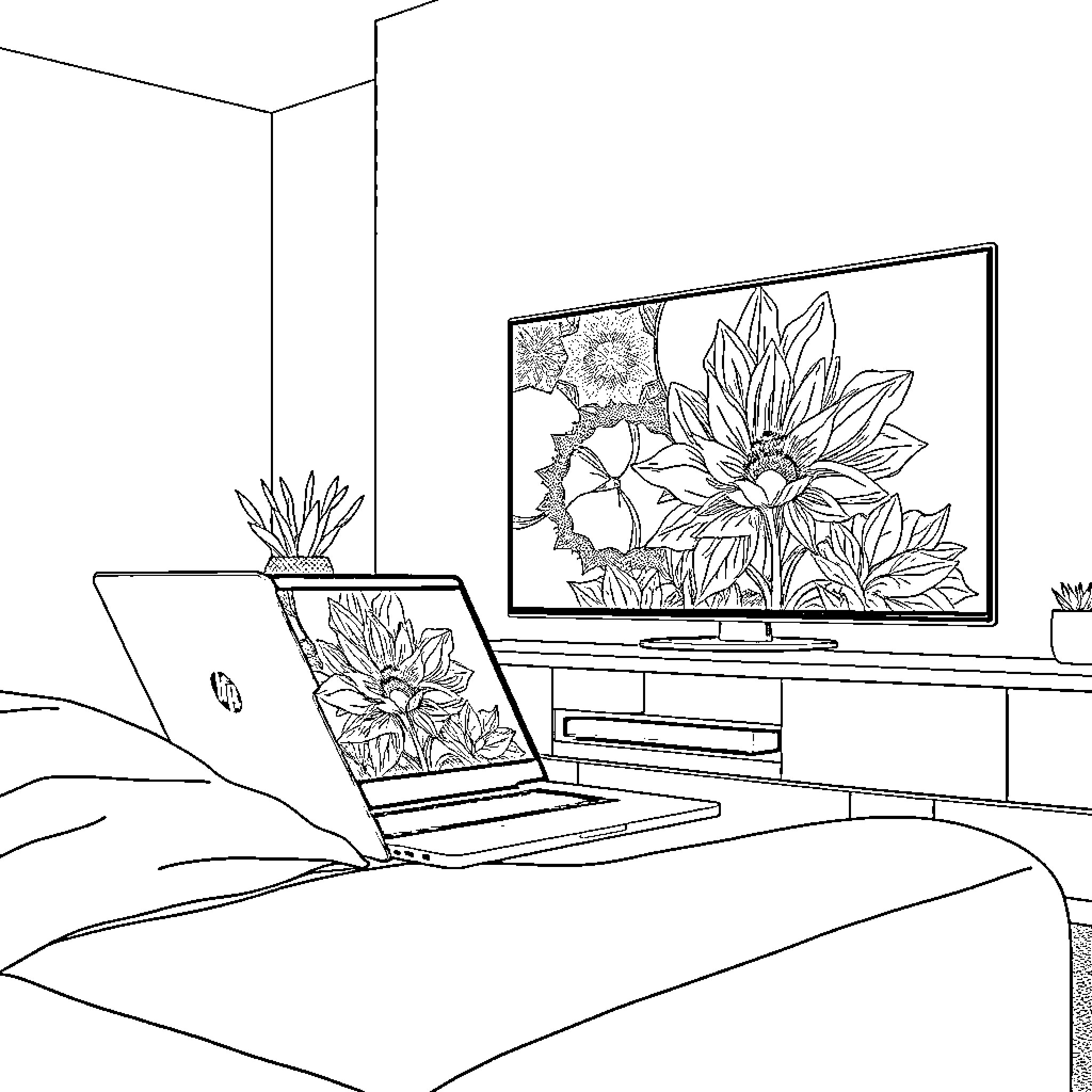 HP Chromebook with Floral Laptop and TV Display Coloring Page (free black-and-white line drawing printable PDF for all, from beginners to advanced learners, including children, teens, adults, and seniors)