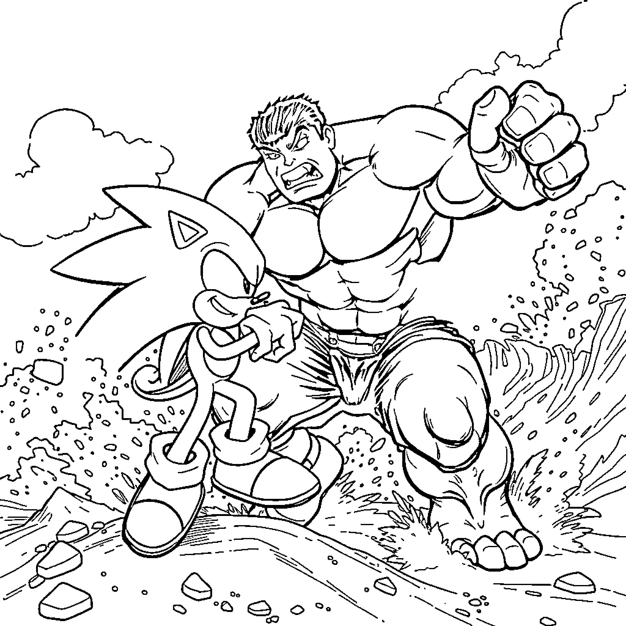Hulk Battling Heroically Against Foes in Dramatic Confrontation Coloring Page (free black-and-white line drawing printable PDF for all, from beginners to advanced learners, including children, teens, adults, and seniors)