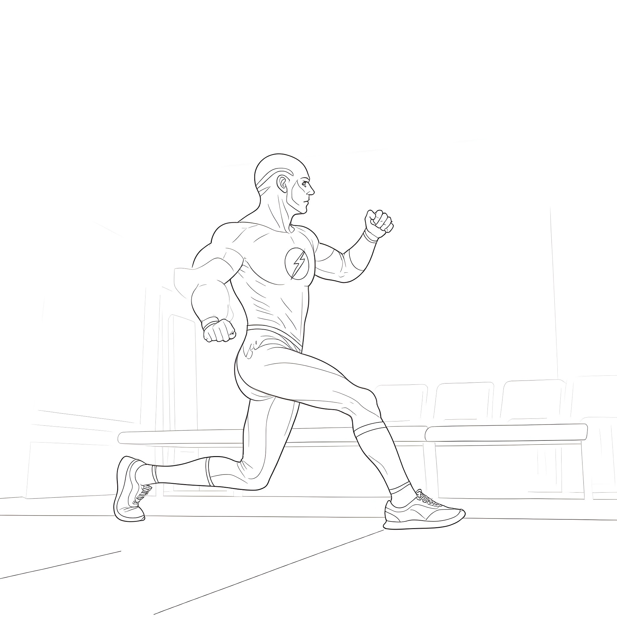 Flash in motion: a superhero sprinting with energy Coloring Page (free black-and-white line drawing printable PDF for all, from beginners to advanced learners, including children, teens, adults, and seniors)