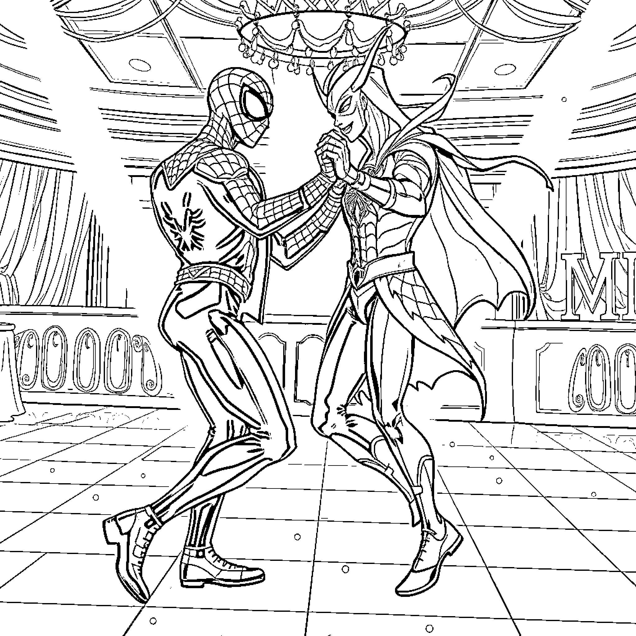Spider-Man battling a formidable foe in a grand arena Coloring Page (free black-and-white line drawing printable PDF for all, from beginners to advanced learners, including children, teens, adults, and seniors)