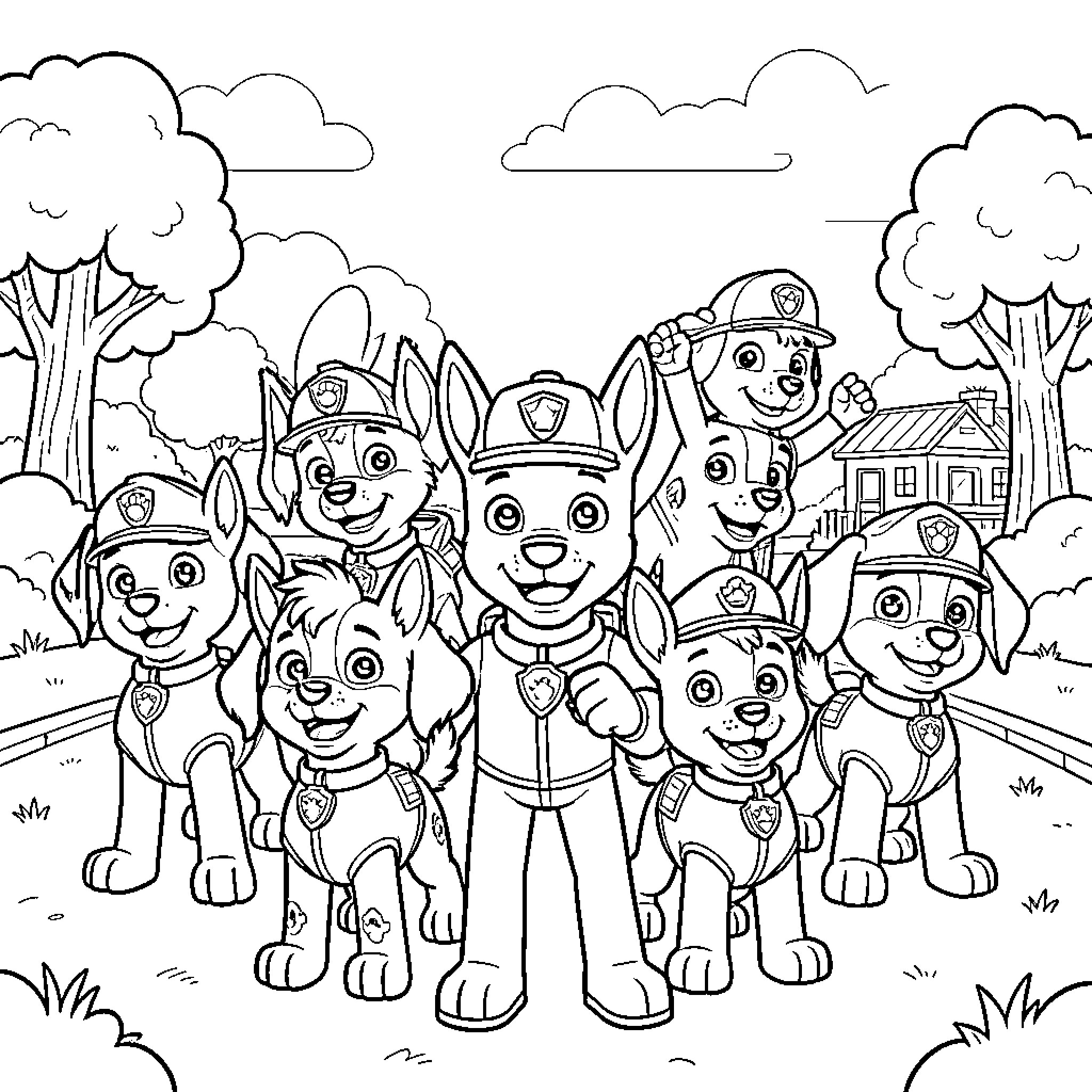 Paw Patrol pups posing together in a group Coloring Page (free black-and-white line drawing printable PDF for all, from beginners to advanced learners, including children, teens, adults, and seniors)