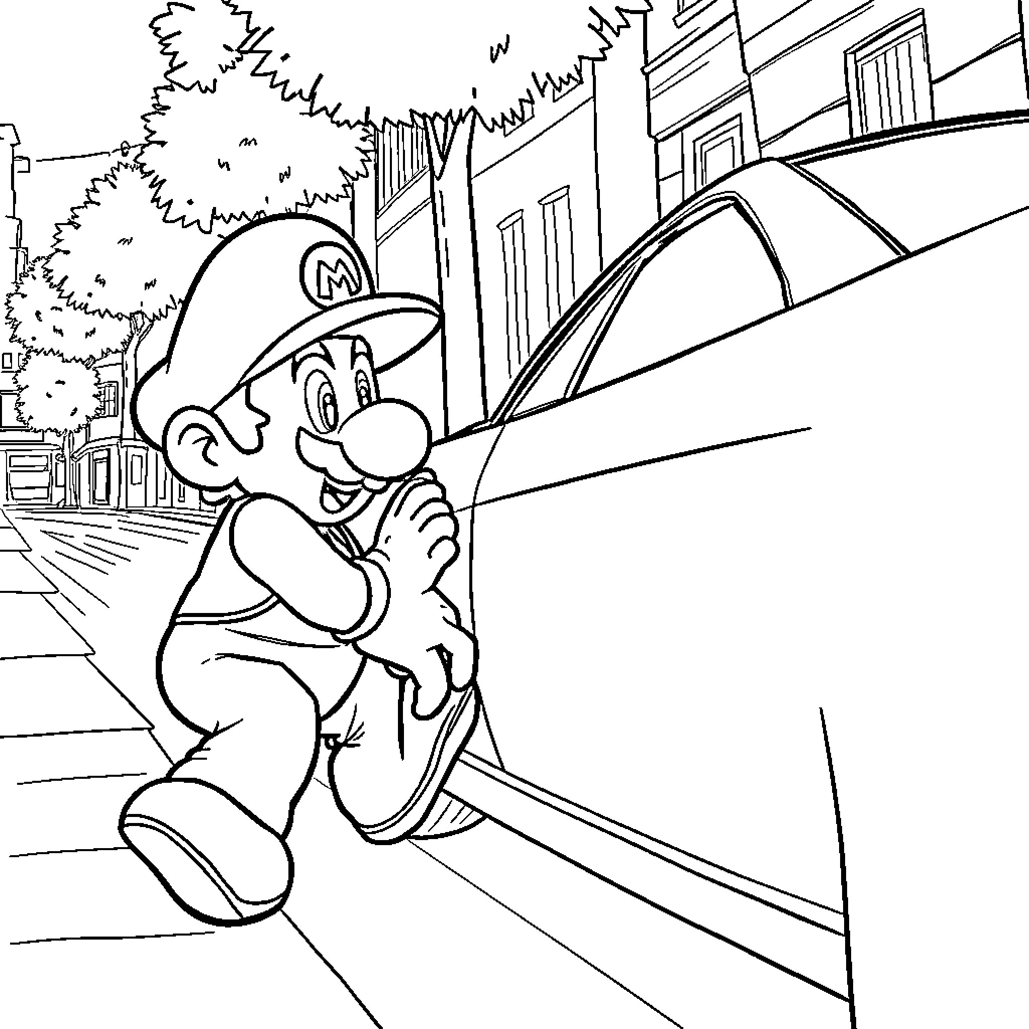 Mario exploring the city streets Coloring Page (free black-and-white line drawing printable PDF for all, from beginners to advanced learners, including children, teens, adults, and seniors)