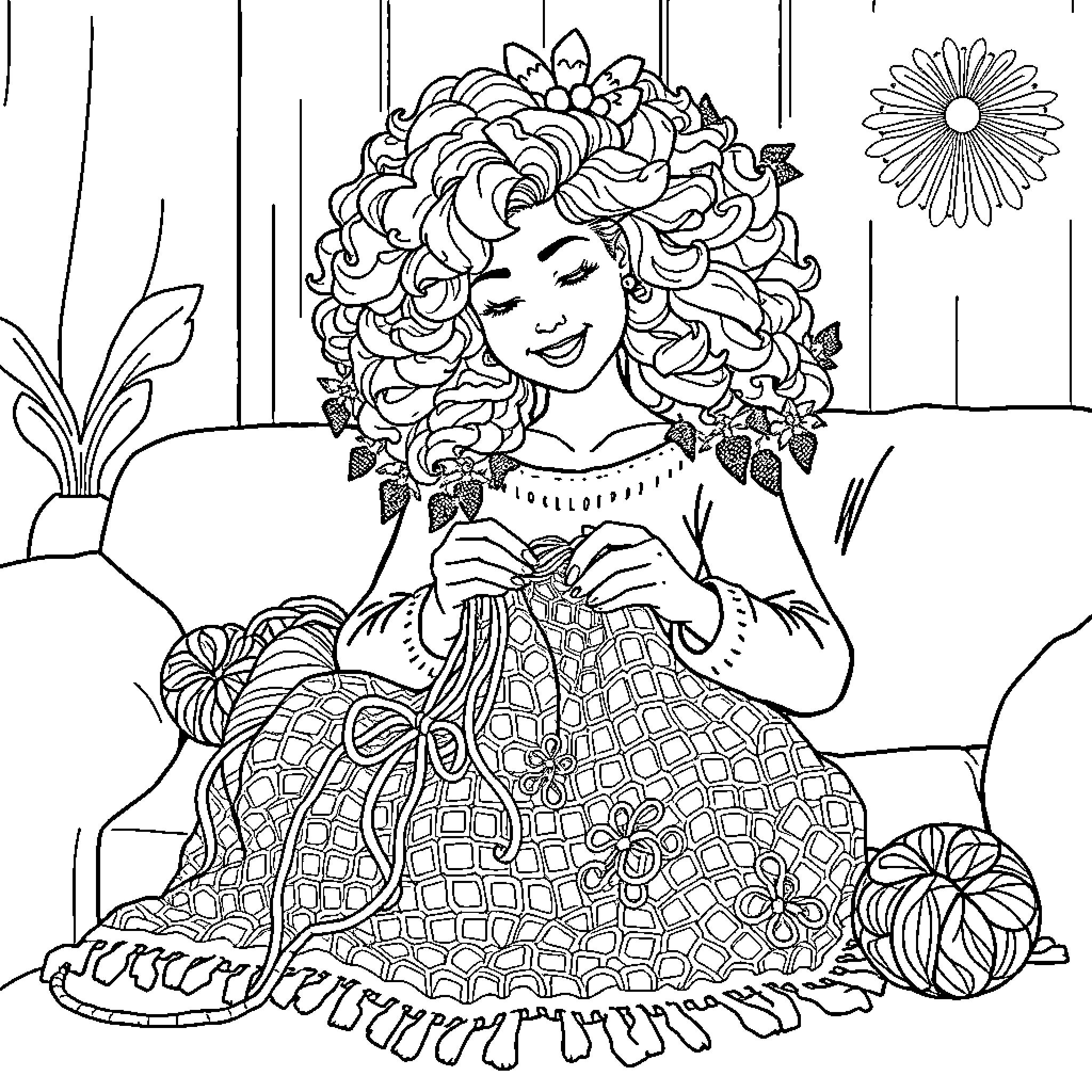 Woman in floral dress enjoying flowers Coloring Page (free black-and-white line drawing printable PDF for all, from beginners to advanced learners, including children, teens, adults, and seniors)