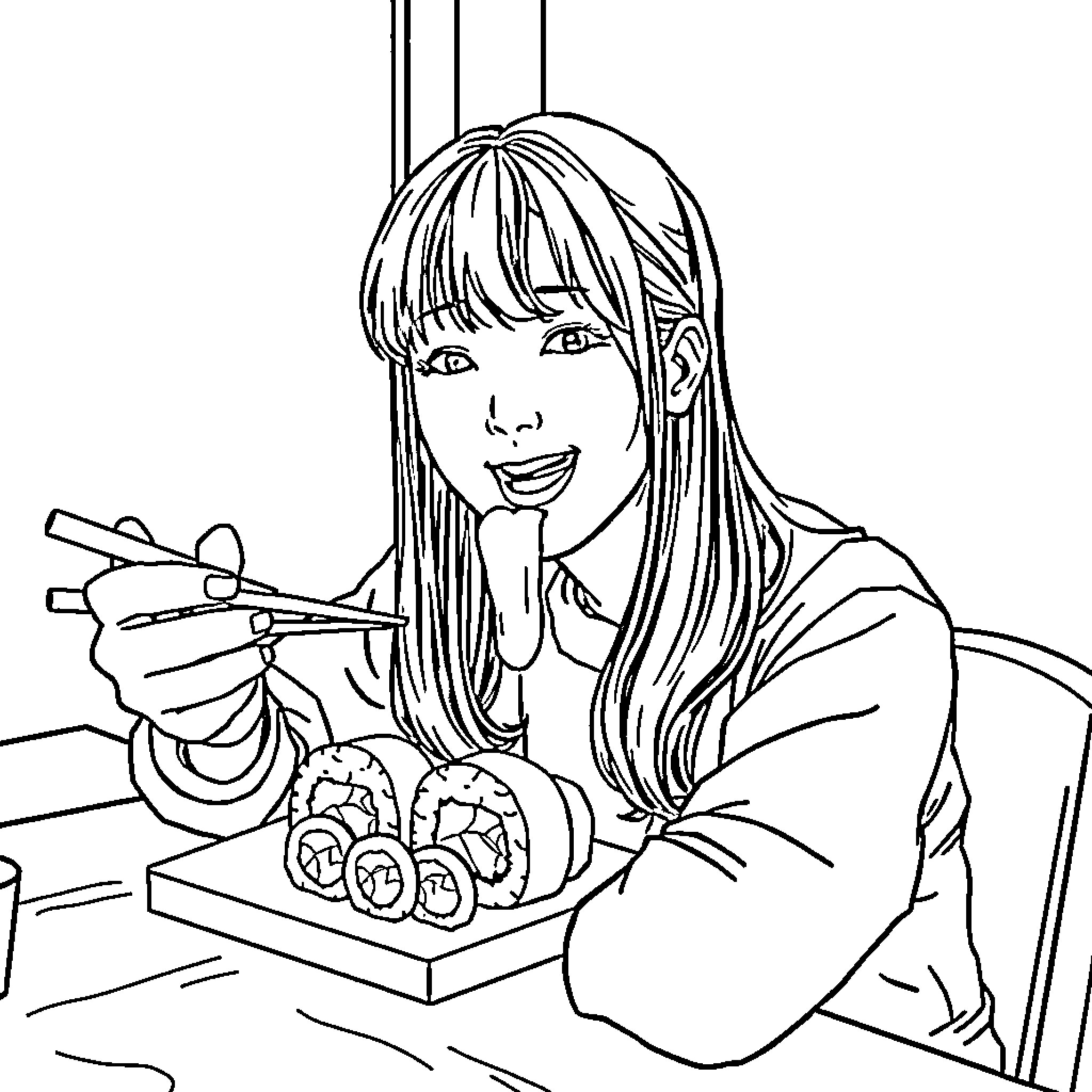 Jimin enjoying a sushi platter Coloring Page (free black-and-white line drawing printable PDF for all, from beginners to advanced learners, including children, teens, adults, and seniors)