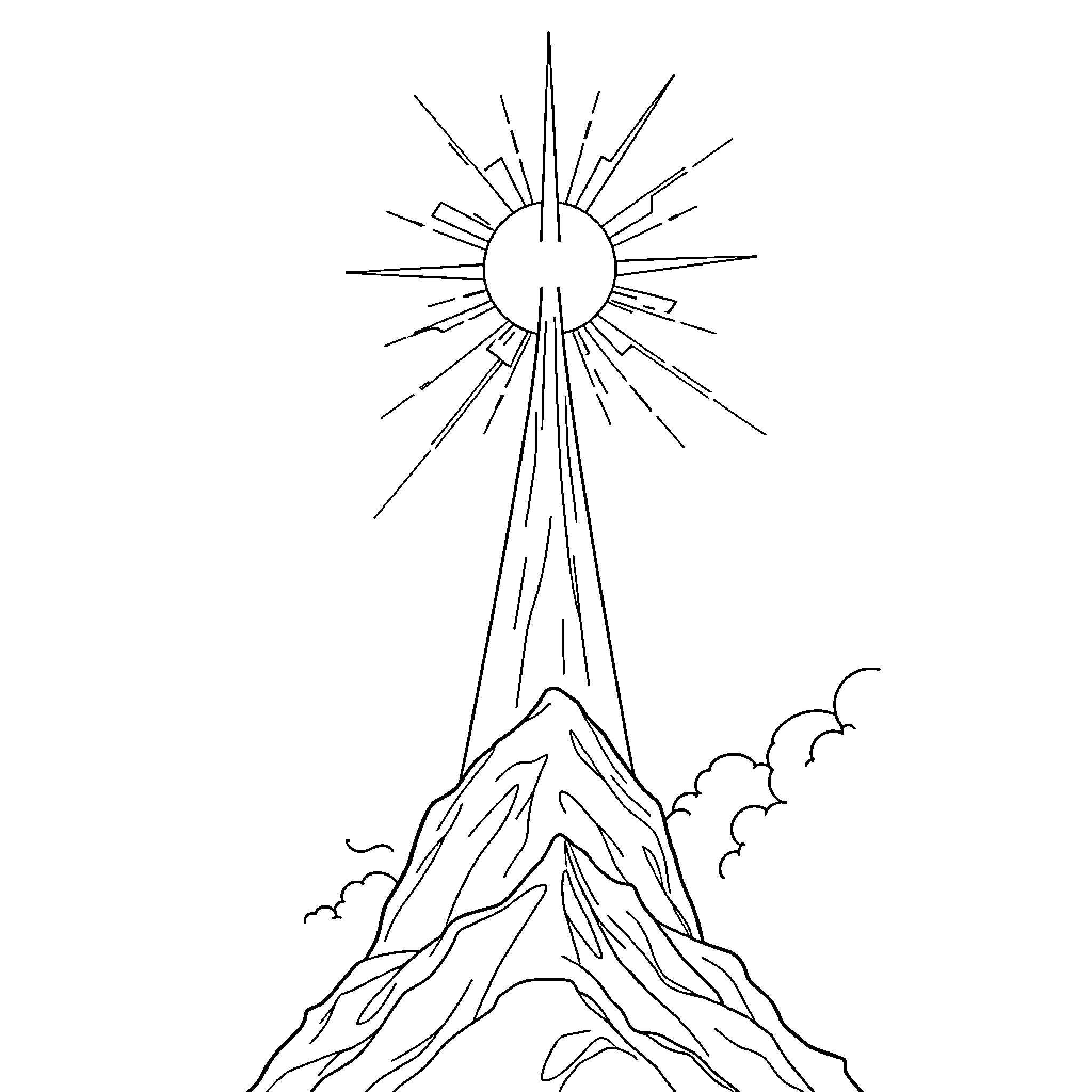 God's Radiant Light Shines on the Majestic Mountain Coloring Page (free black-and-white line drawing printable PDF for all, from beginners to advanced learners, including children, teens, adults, and seniors)