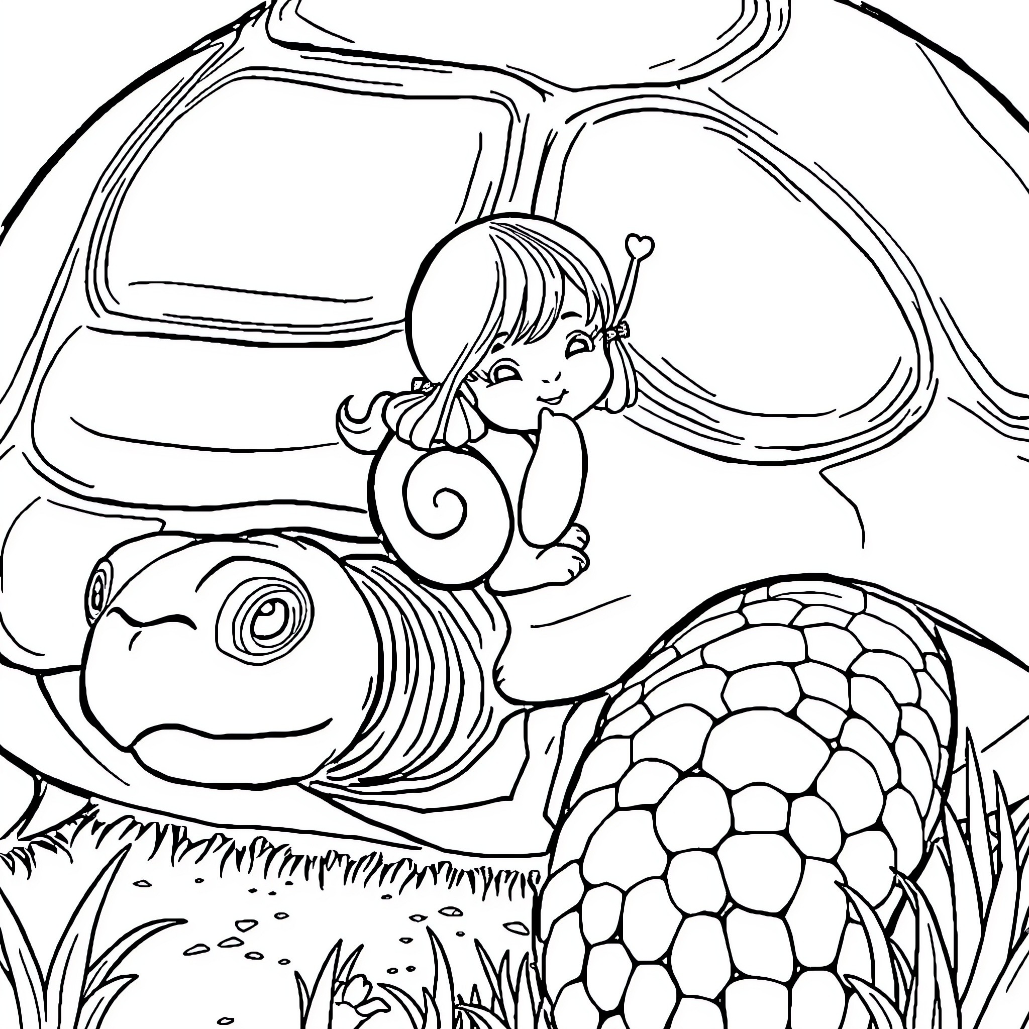 Snail girl relaxing in a magical garden Coloring Page (free black-and-white line drawing printable PDF for all, from beginners to advanced learners, including children, teens, adults, and seniors)