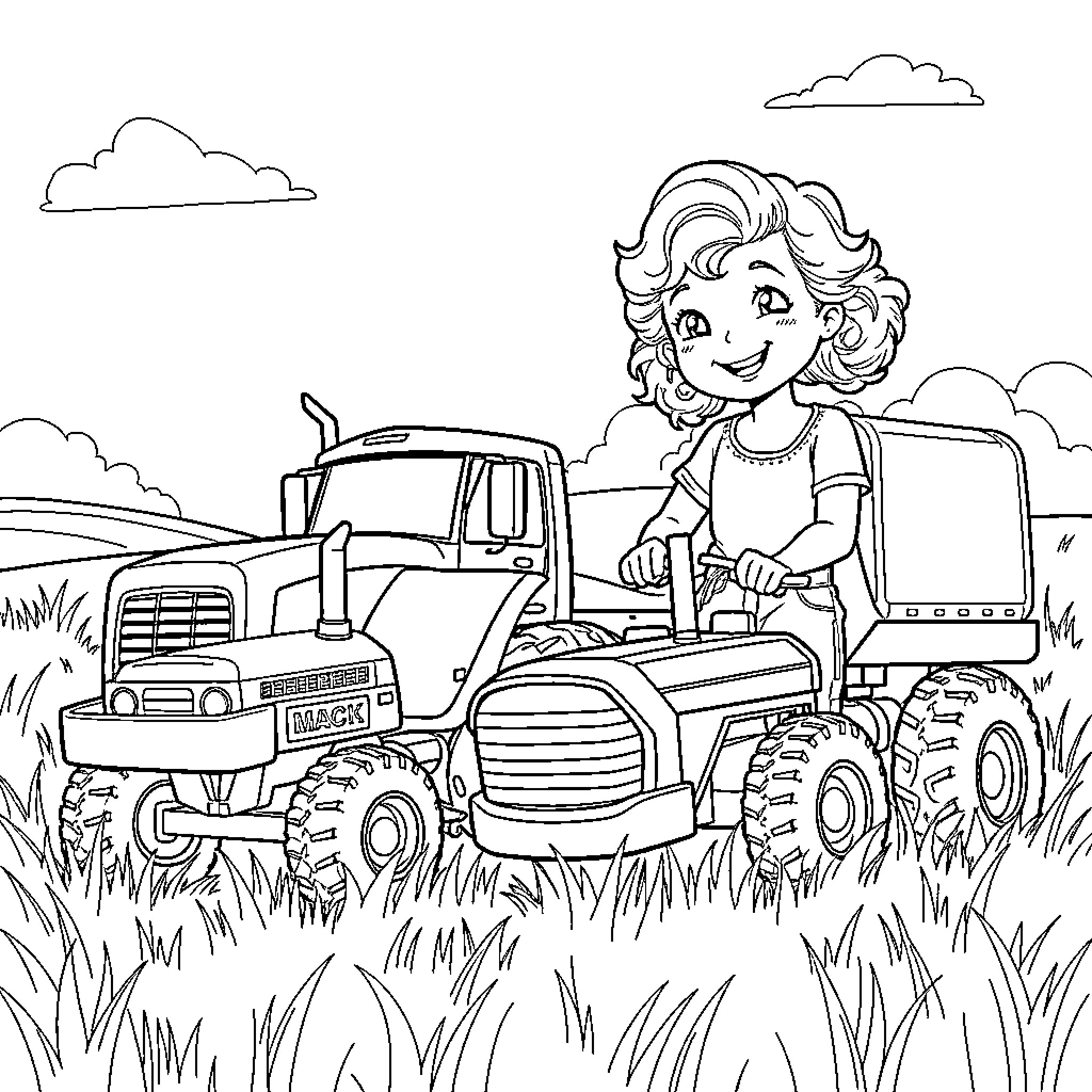 Girl driving a tractor in a country field Coloring Page (free black-and-white line drawing printable PDF for all, from beginners to advanced learners, including children, teens, adults, and seniors)