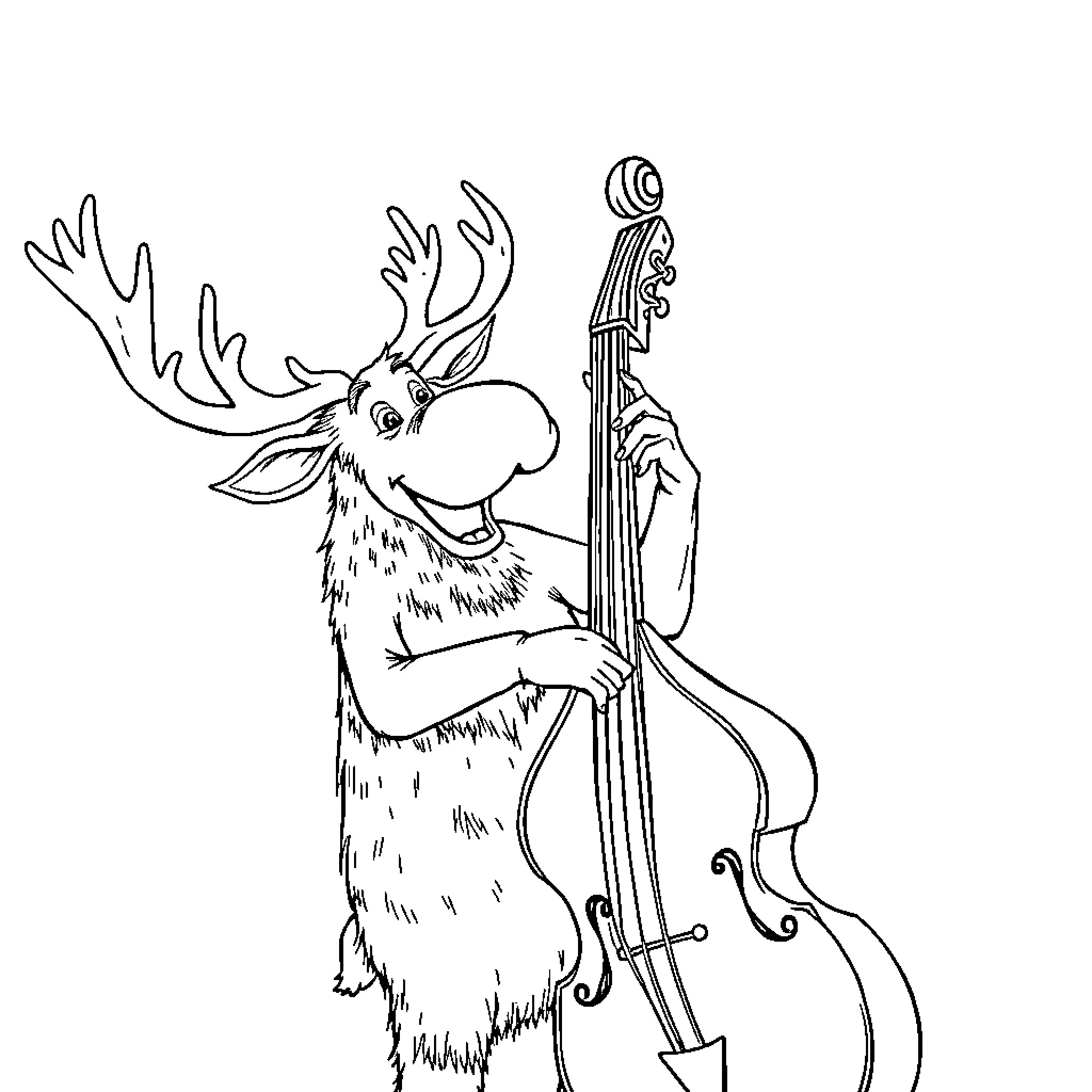 Moose playing the cello with musical flair Coloring Page (free black-and-white line drawing printable PDF for all, from beginners to advanced learners, including children, teens, adults, and seniors)