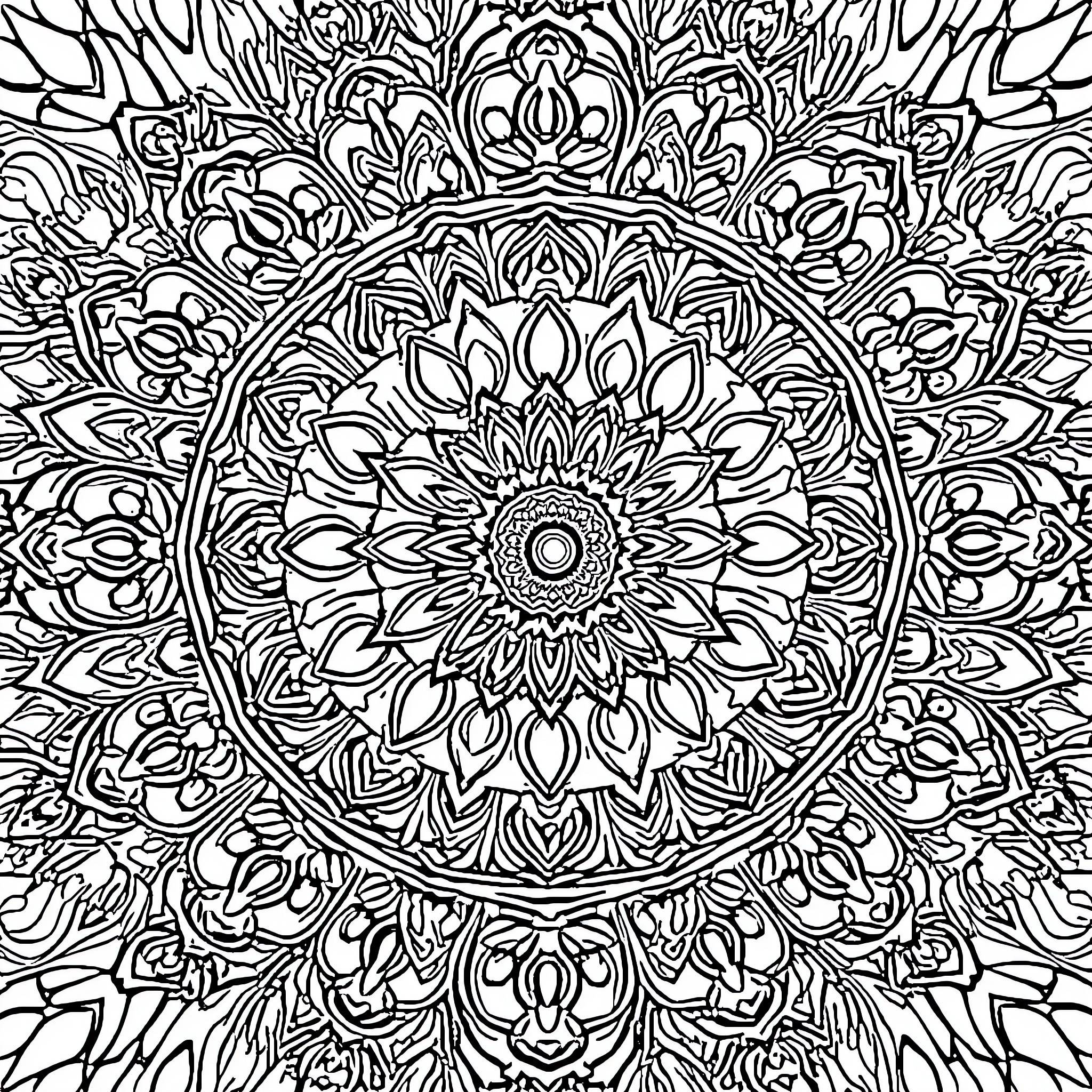 Mandala of intricate floral patterns Coloring Page (free black-and-white line drawing printable PDF for all, from beginners to advanced learners, including children, teens, adults, and seniors)