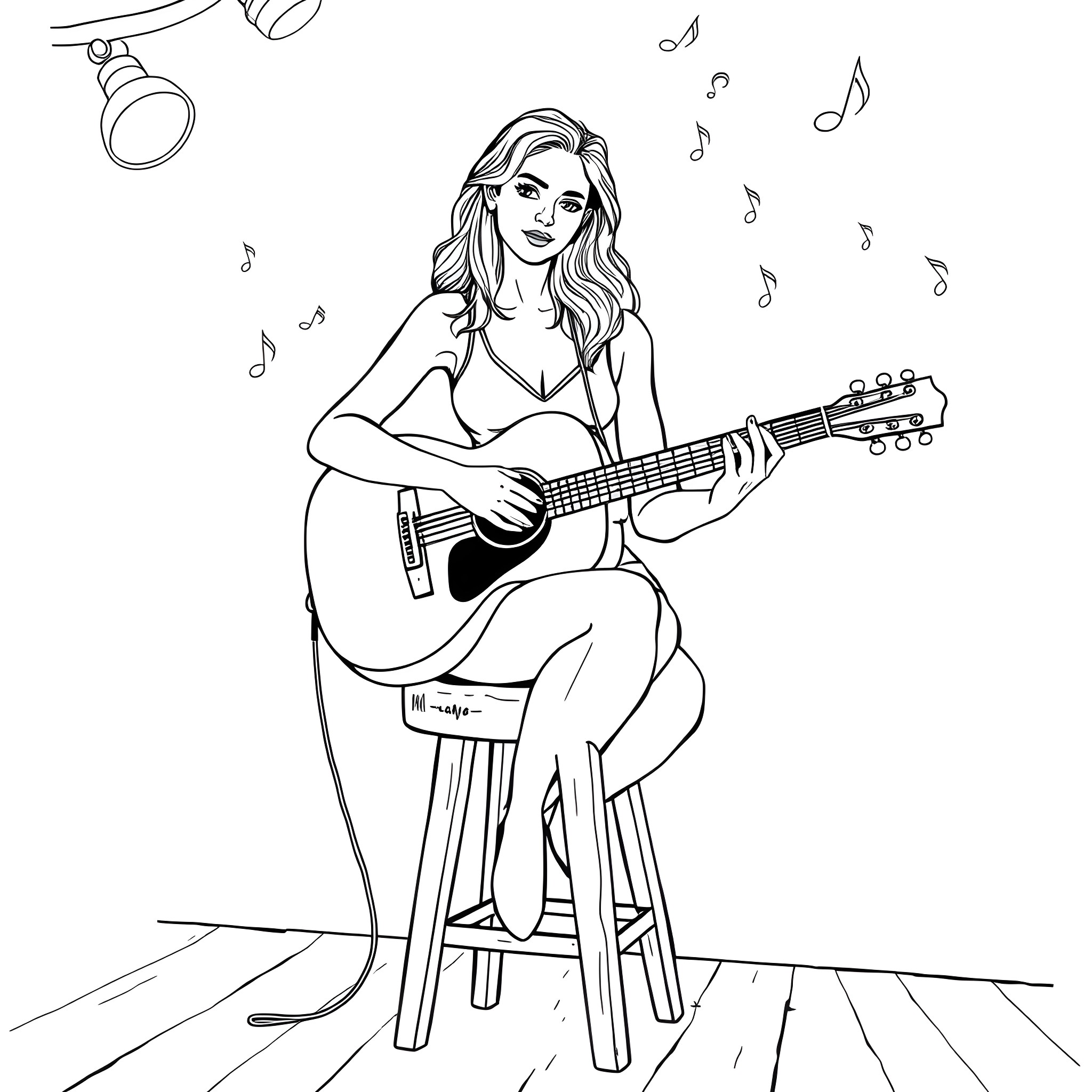 Woman playing guitar and performing on stage Coloring Page (free black-and-white line drawing printable PDF for all, from beginners to advanced learners, including children, teens, adults, and seniors)