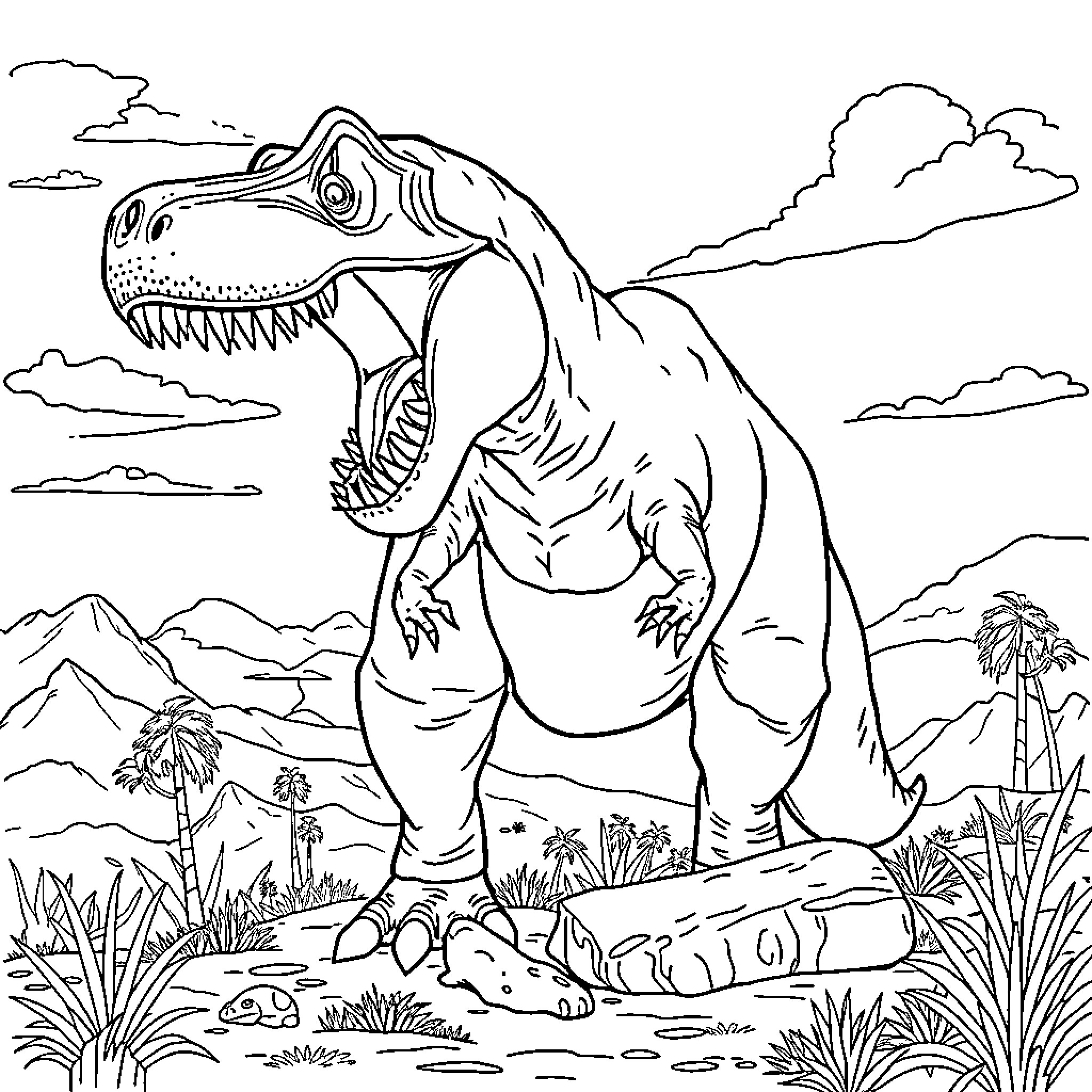 Trex roaring in prehistoric landscape Coloring Page (free black-and-white line drawing printable PDF for all, from beginners to advanced learners, including children, teens, adults, and seniors)