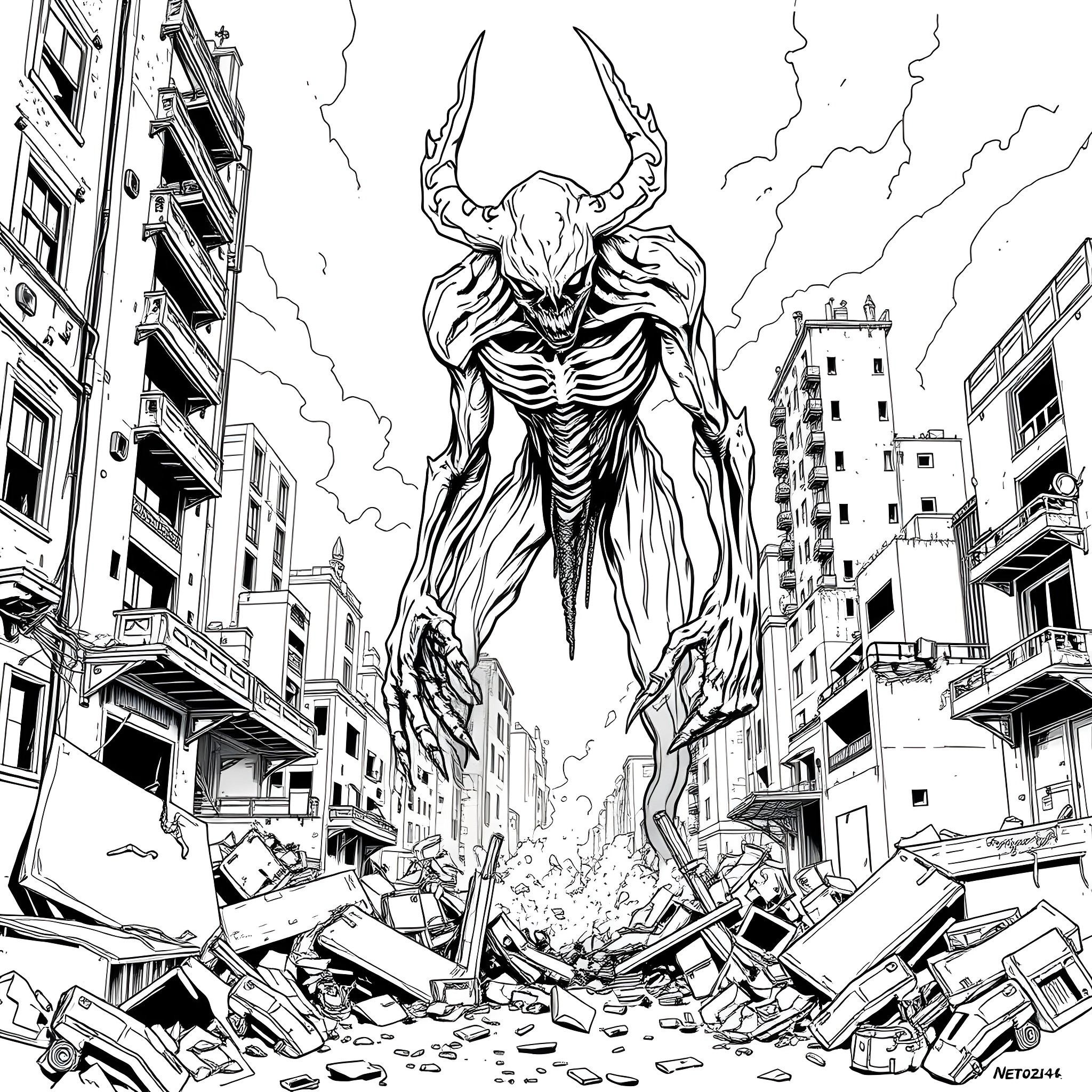 Nemesis Unleashed: A Towering Menace Ravages the City Coloring Page (free black-and-white line drawing printable PDF for all, from beginners to advanced learners, including children, teens, adults, and seniors)