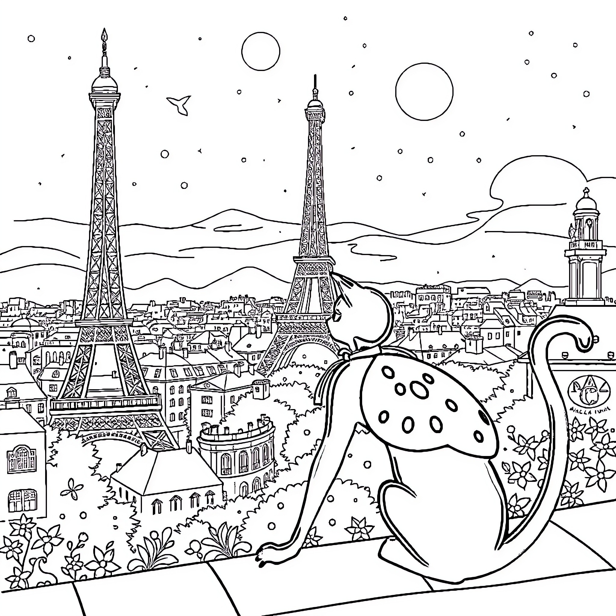 Miraculous V: Parisian Cityscapes and Aquatic Creatures Coloring Page (free black-and-white line drawing printable PDF for all, from beginners to advanced learners, including children, teens, adults, and seniors)