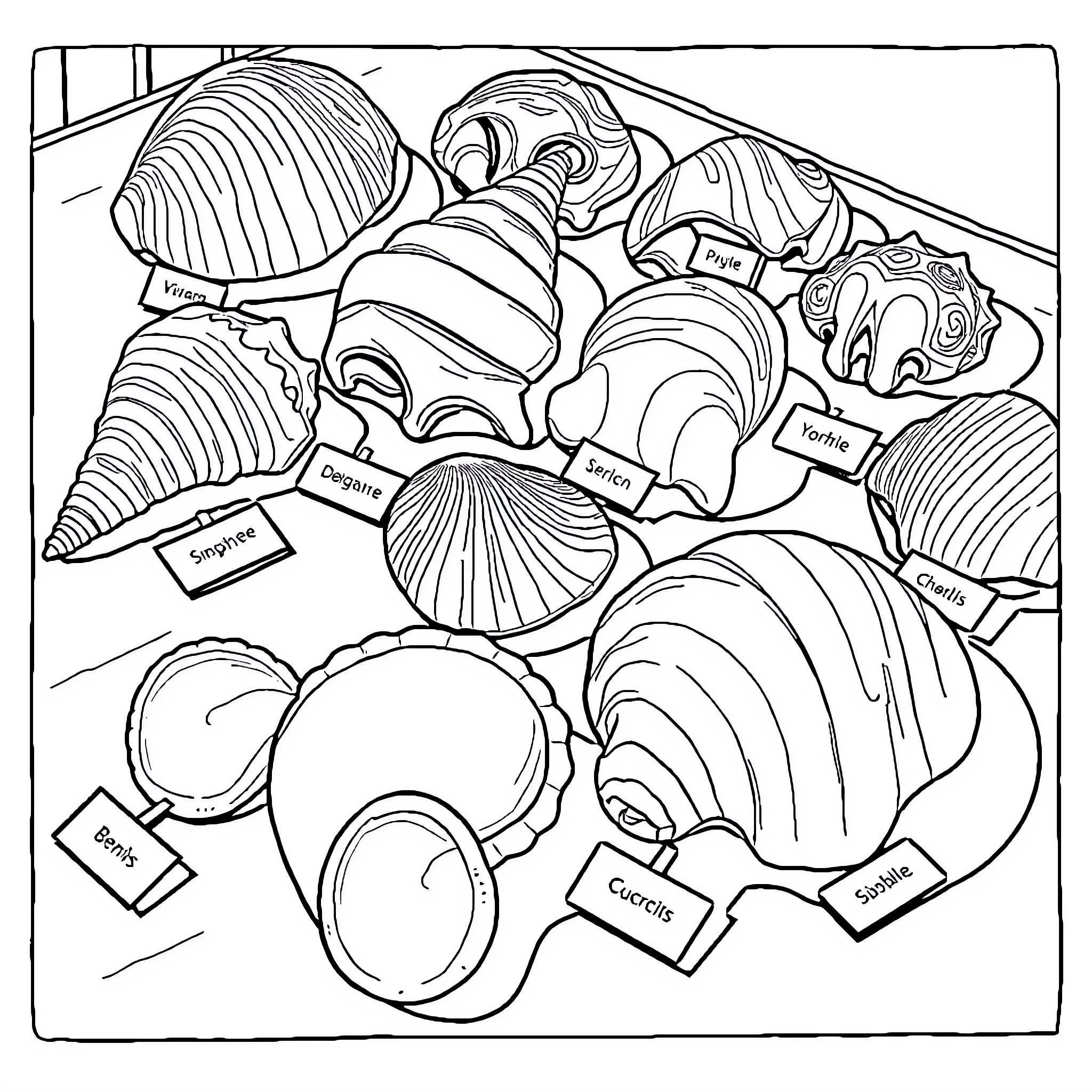 Seashell Collection with Identification Labels Coloring Page (free black-and-white line drawing printable PDF for all, from beginners to advanced learners, including children, teens, adults, and seniors)