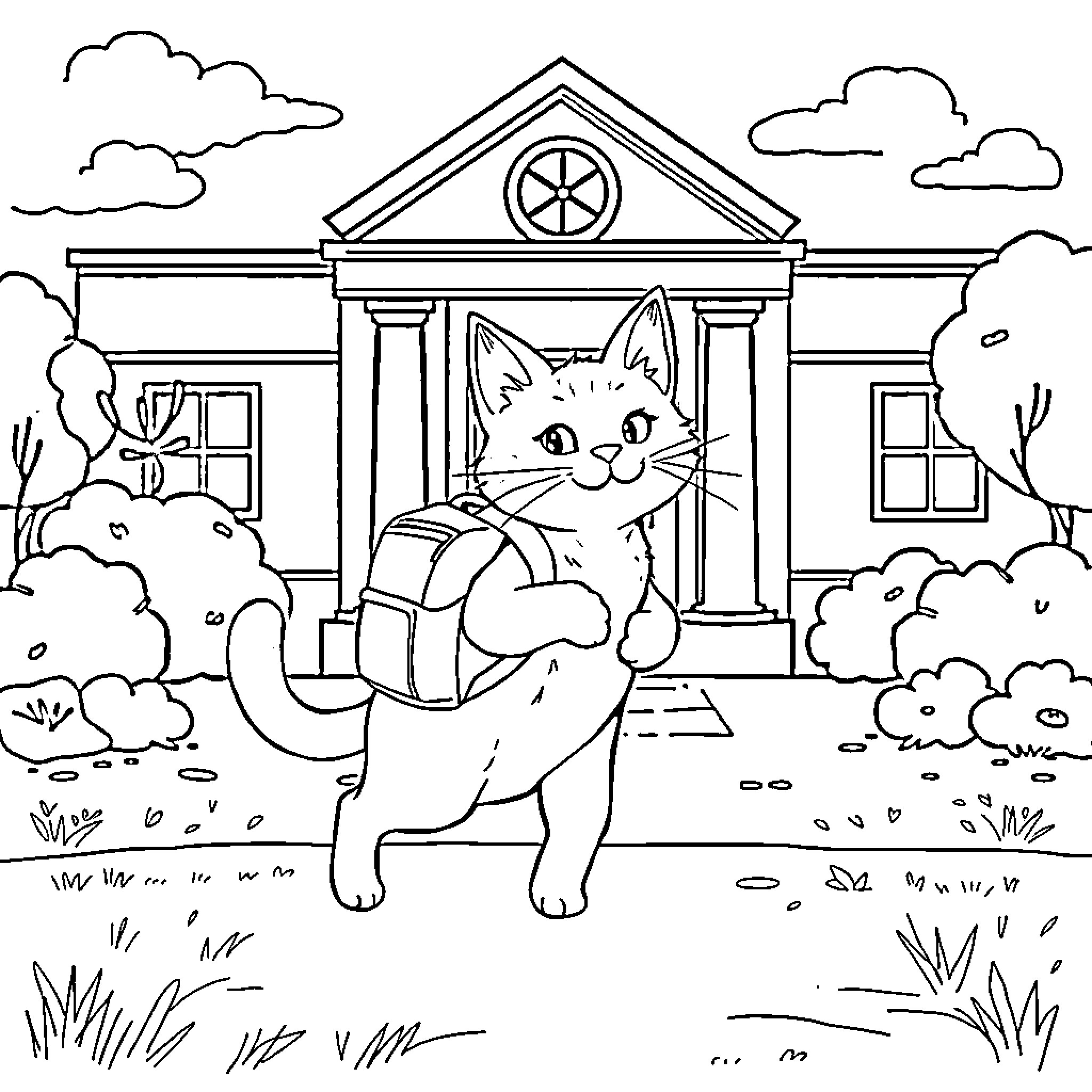 Cat carrying backpack in front of school building Coloring Page (free black-and-white line drawing printable PDF for all, from beginners to advanced learners, including children, teens, adults, and seniors)