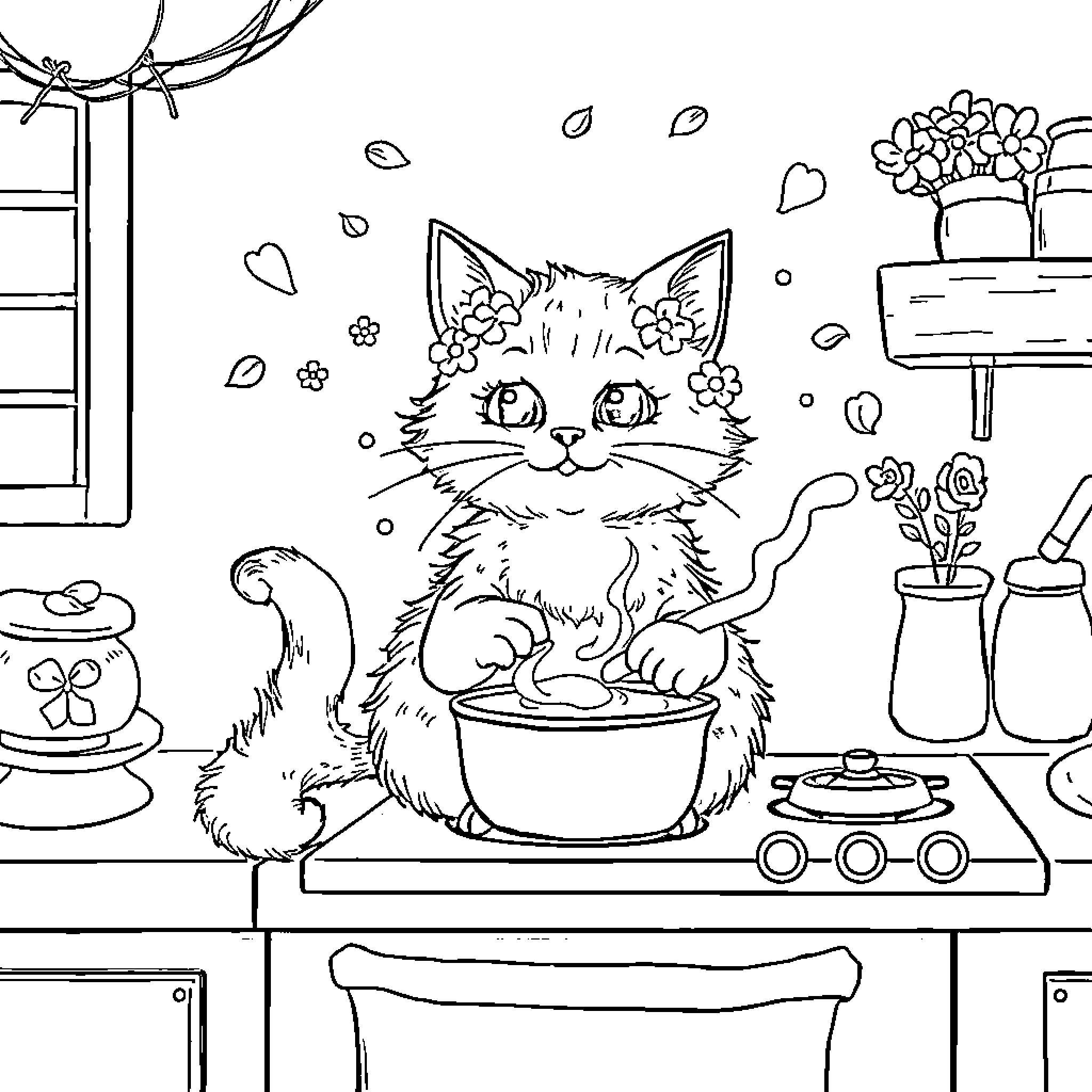 Cat cooking in the kitchen Coloring Page (free black-and-white line drawing printable PDF for all, from beginners to advanced learners, including children, teens, adults, and seniors)