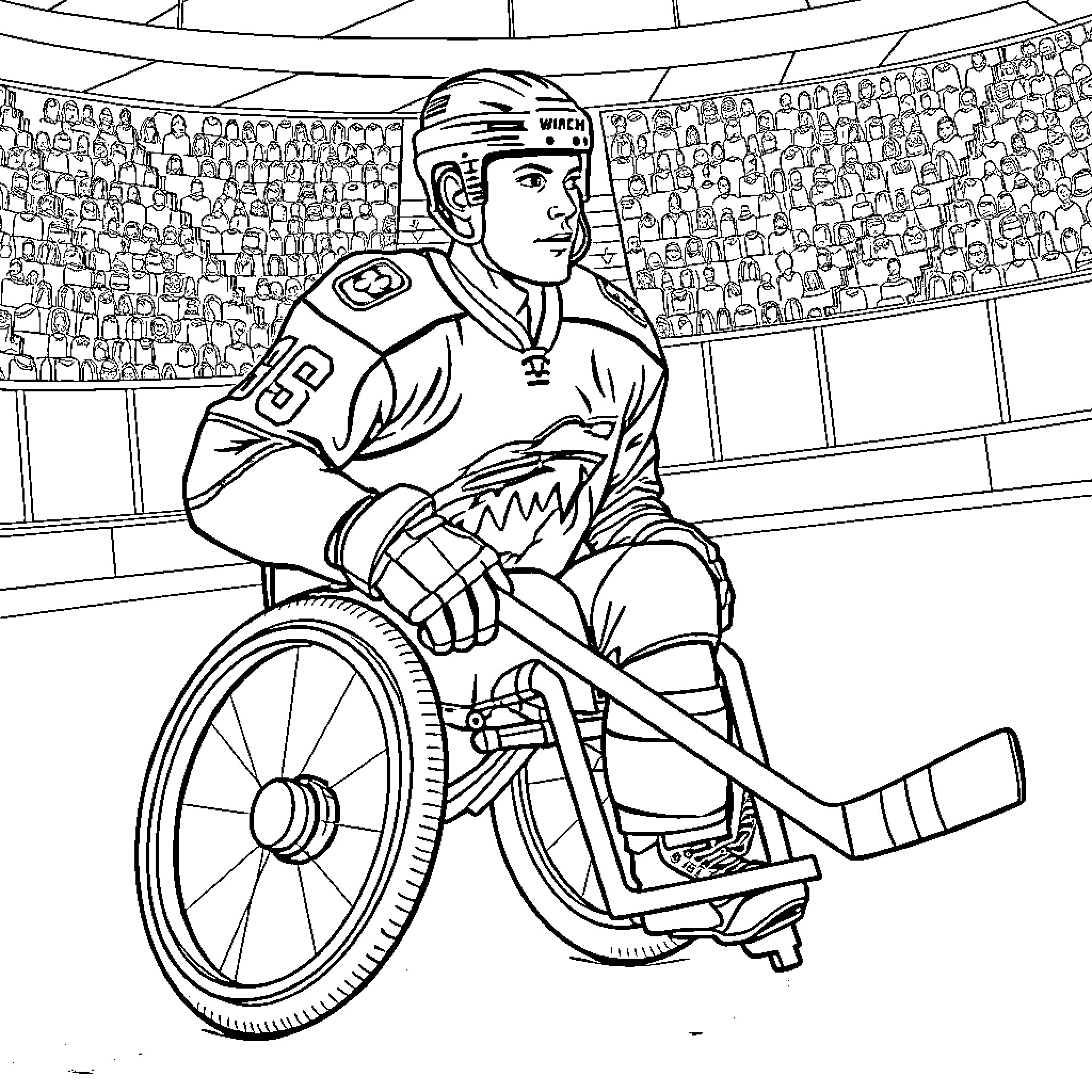 Hockey Player in Wheelchair on the Ice Rink Coloring Page (free black-and-white line drawing printable PDF for all, from beginners to advanced learners, including children, teens, adults, and seniors)