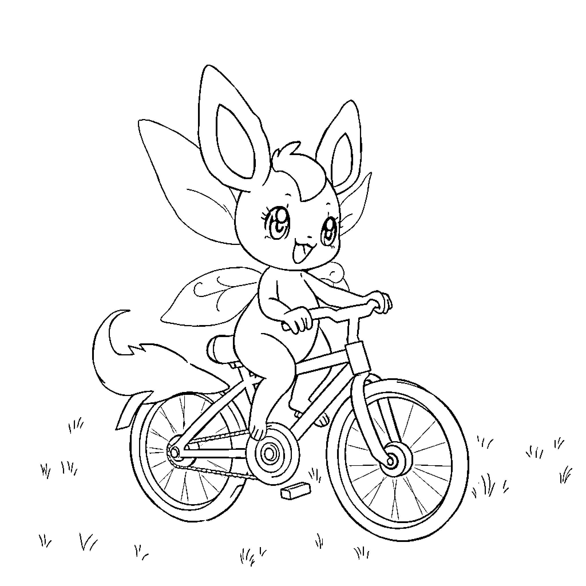 Evoli enjoying a bike ride in the park Coloring Page (free black-and-white line drawing printable PDF for all, from beginners to advanced learners, including children, teens, adults, and seniors)