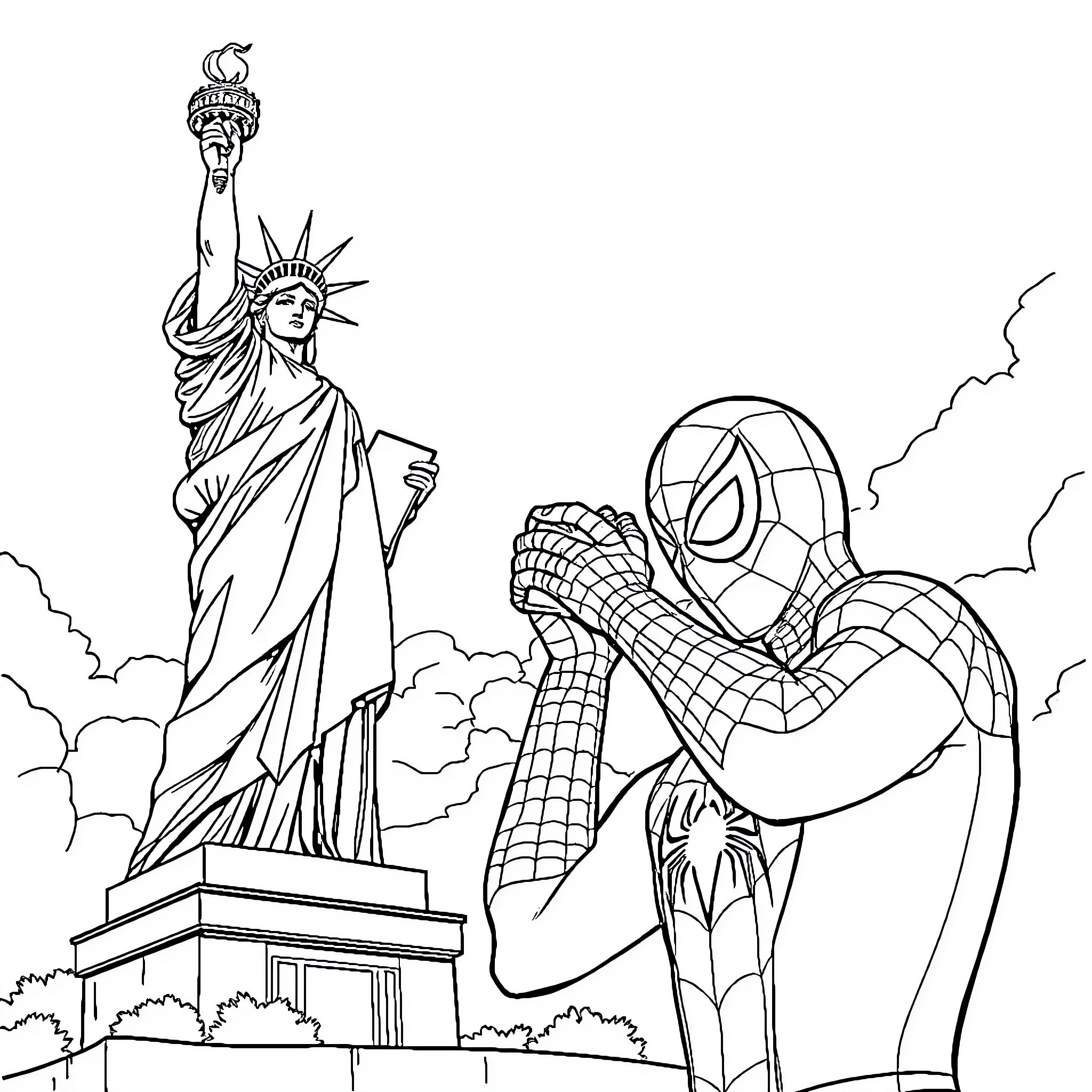 Spiderman swinging through New York City near the Statue of Liberty Coloring Page (free black-and-white line drawing printable PDF for all, from beginners to advanced learners, including children, teens, adults, and seniors)