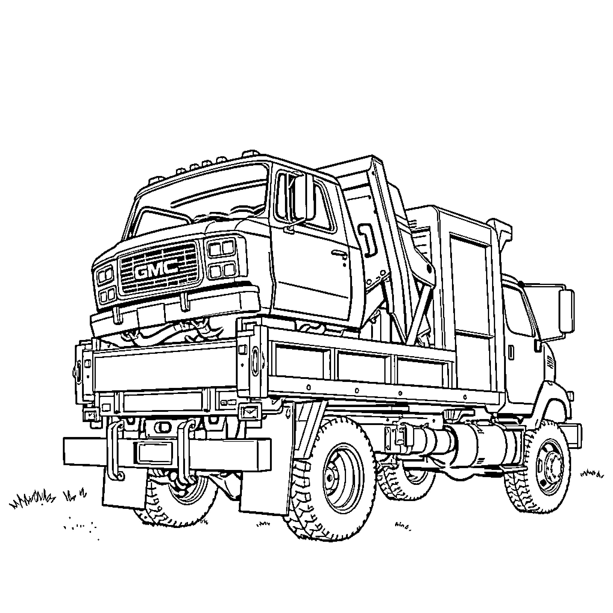 Truck carrying heavy industrial equipment Coloring Page (free black-and-white line drawing printable PDF for all, from beginners to advanced learners, including children, teens, adults, and seniors)
