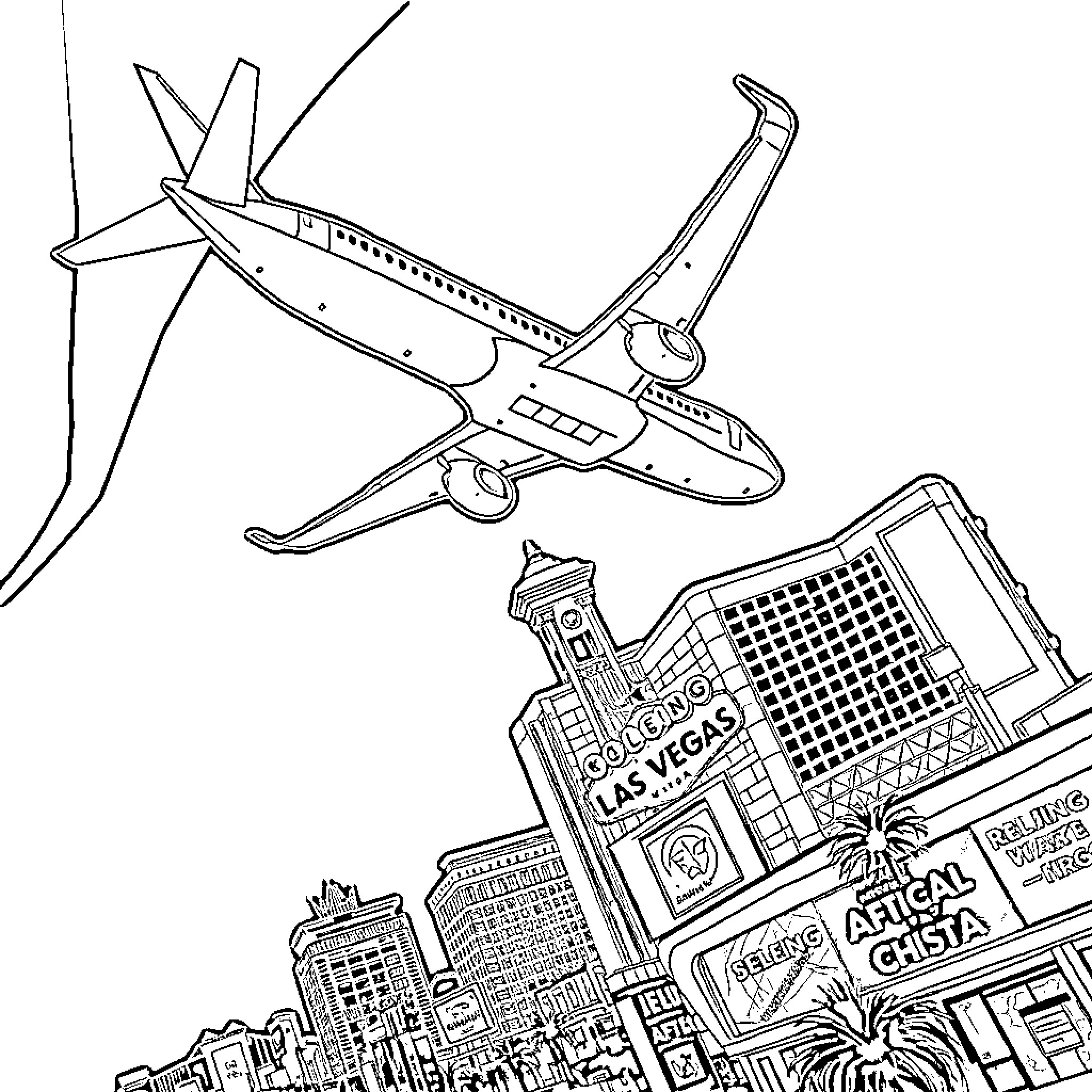Boeing 737 flying over the city of Las Vegas Coloring Page (free black-and-white line drawing printable PDF for all, from beginners to advanced learners, including children, teens, adults, and seniors)