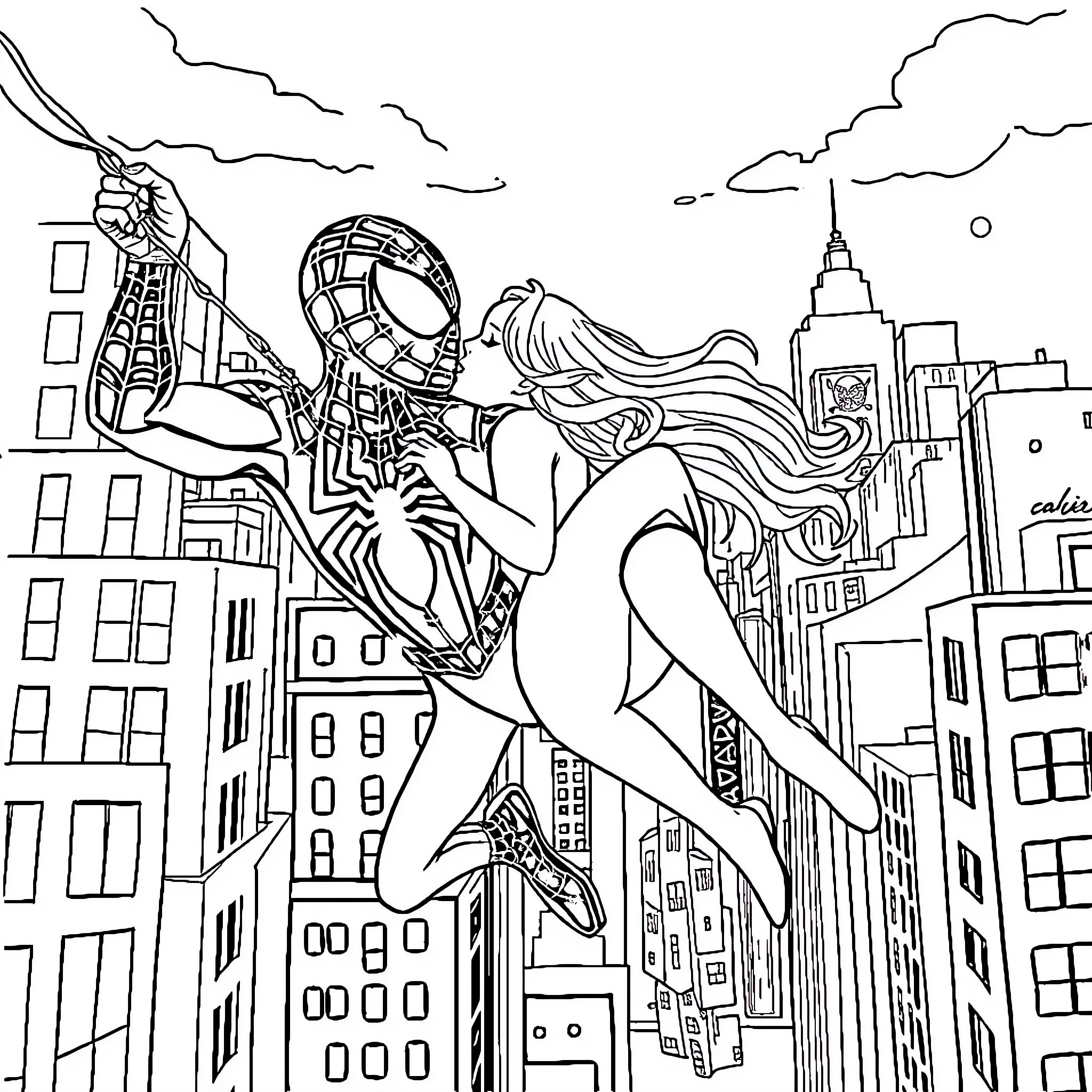 Spiderman rescuing a damsel in distress over the city skyline Coloring Page (free black-and-white line drawing printable PDF for all, from beginners to advanced learners, including children, teens, adults, and seniors)