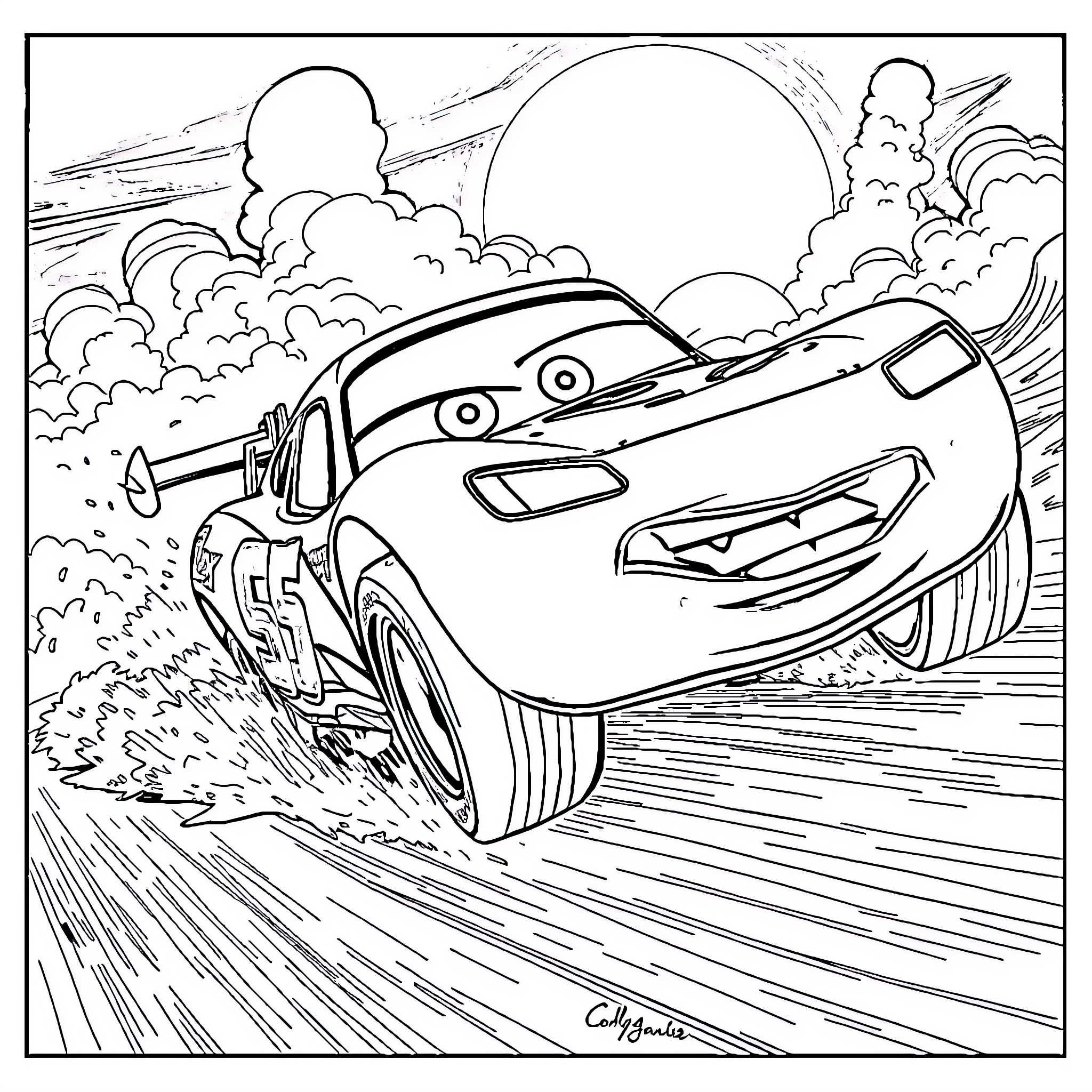 Zombie race car speeding through the desert Coloring Page (free black-and-white line drawing printable PDF for all, from beginners to advanced learners, including children, teens, adults, and seniors)