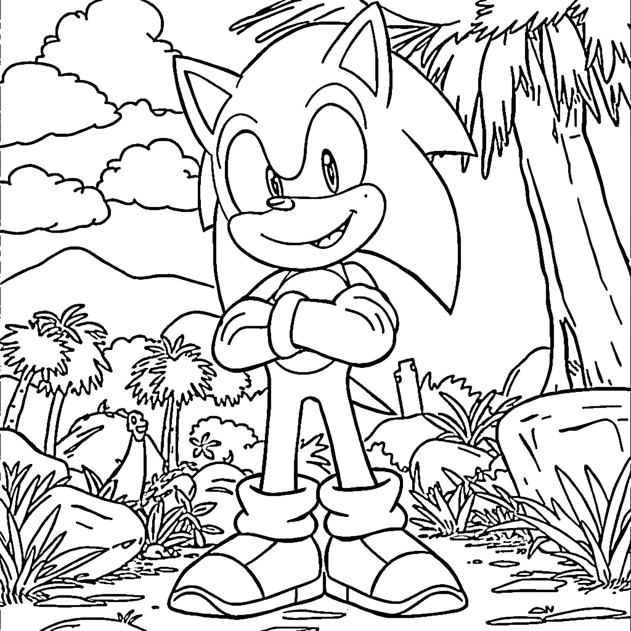Sonic the Hedgehog in a lush tropical landscape Coloring Page (free black-and-white line drawing printable PDF for all, from beginners to advanced learners, including children, teens, adults, and seniors)