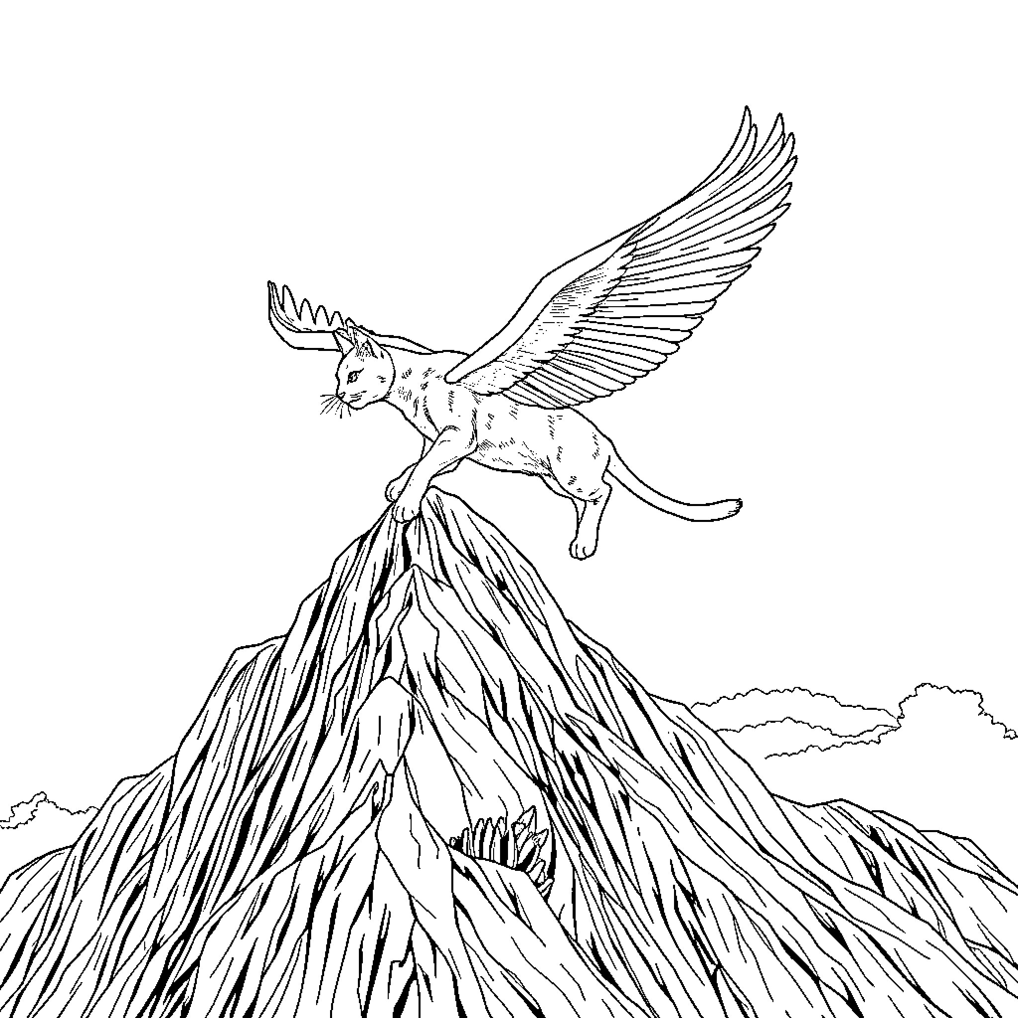 Flying Cat Soaring Over Rugged Terrain Coloring Page (free black-and-white line drawing printable PDF for all, from beginners to advanced learners, including children, teens, adults, and seniors)