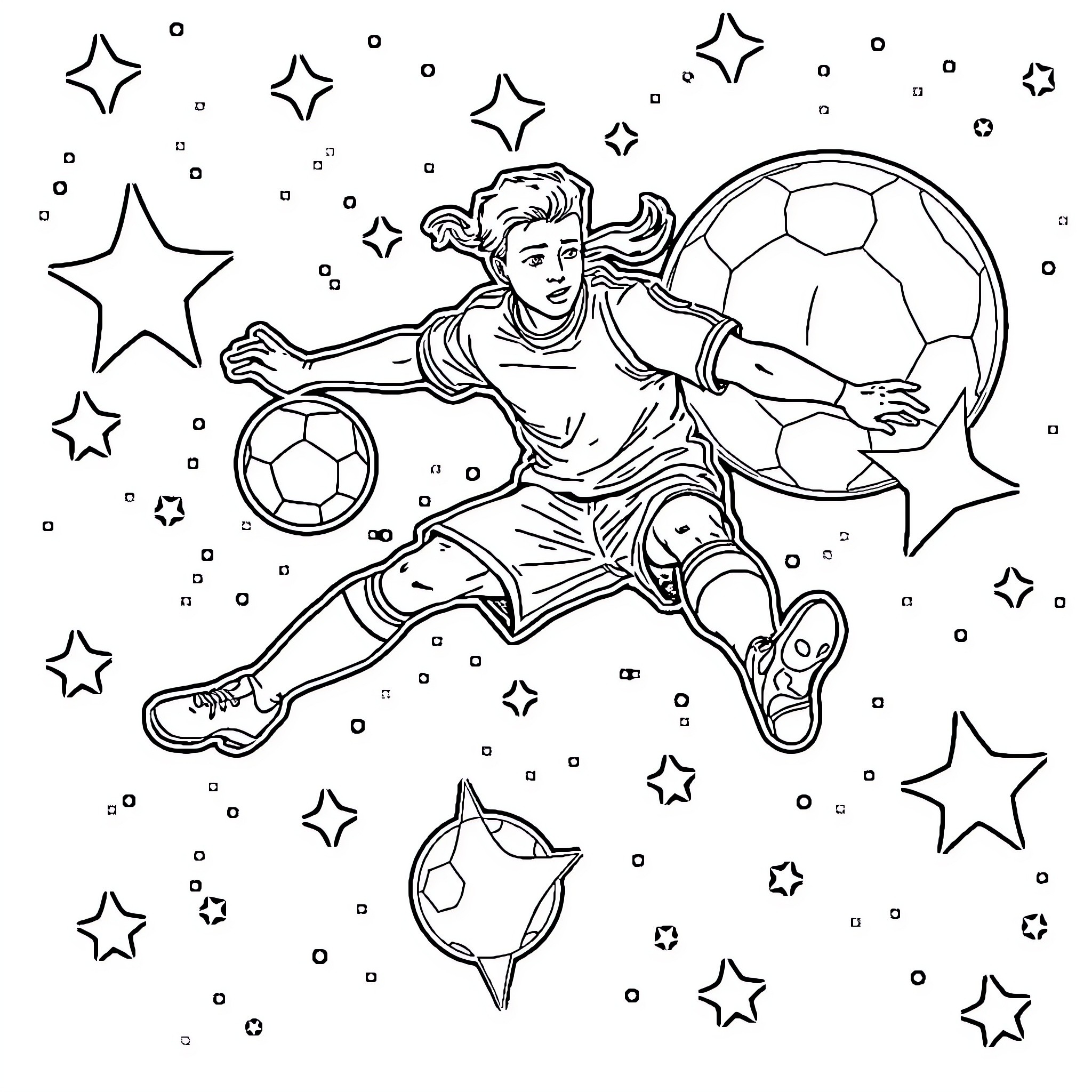 Futbolista kicking soccer balls amidst the stars Coloring Page (free black-and-white line drawing printable PDF for all, from beginners to advanced learners, including children, teens, adults, and seniors)