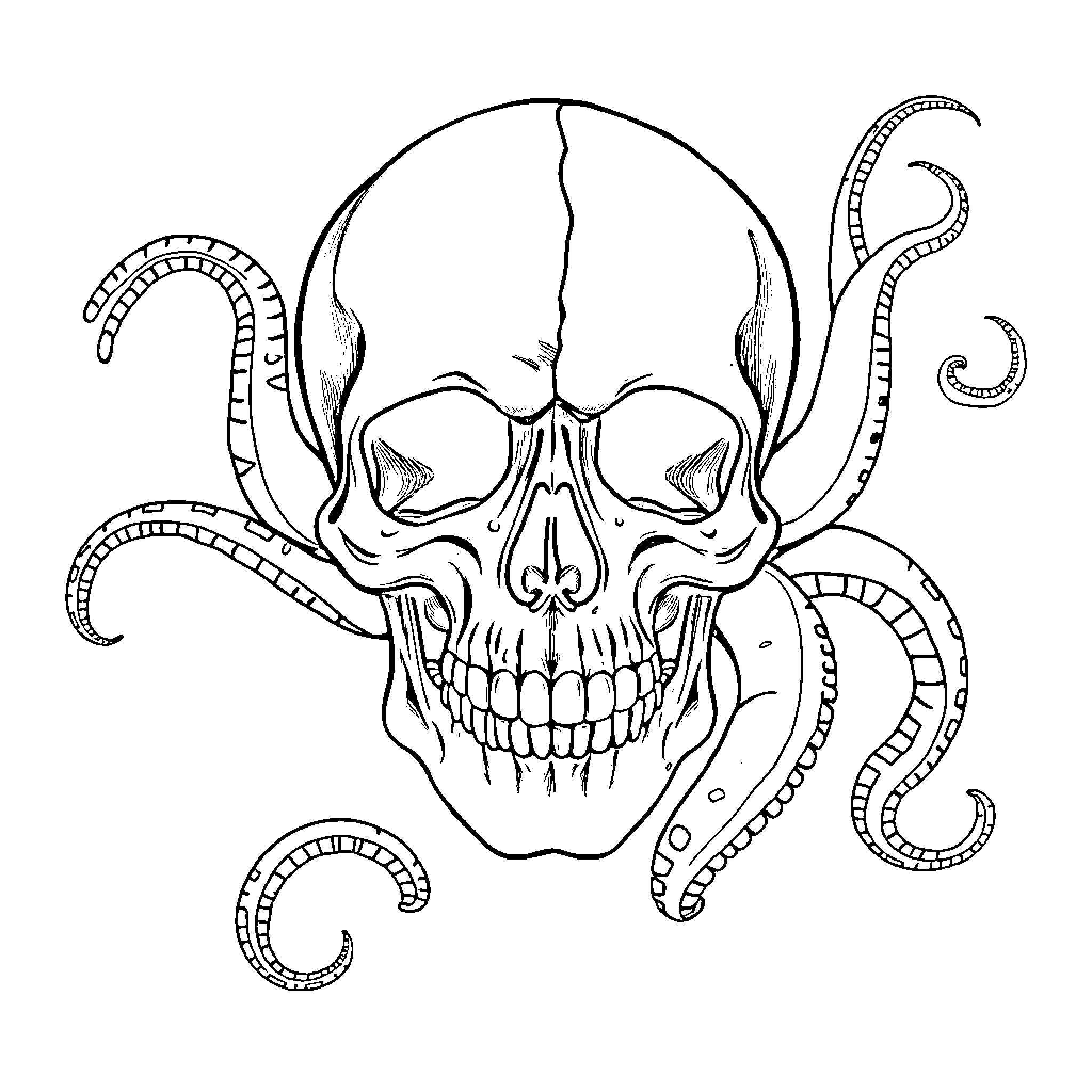 Skull with Tentacle Appendages Coloring Page (free black-and-white line drawing printable PDF for all, from beginners to advanced learners, including children, teens, adults, and seniors)