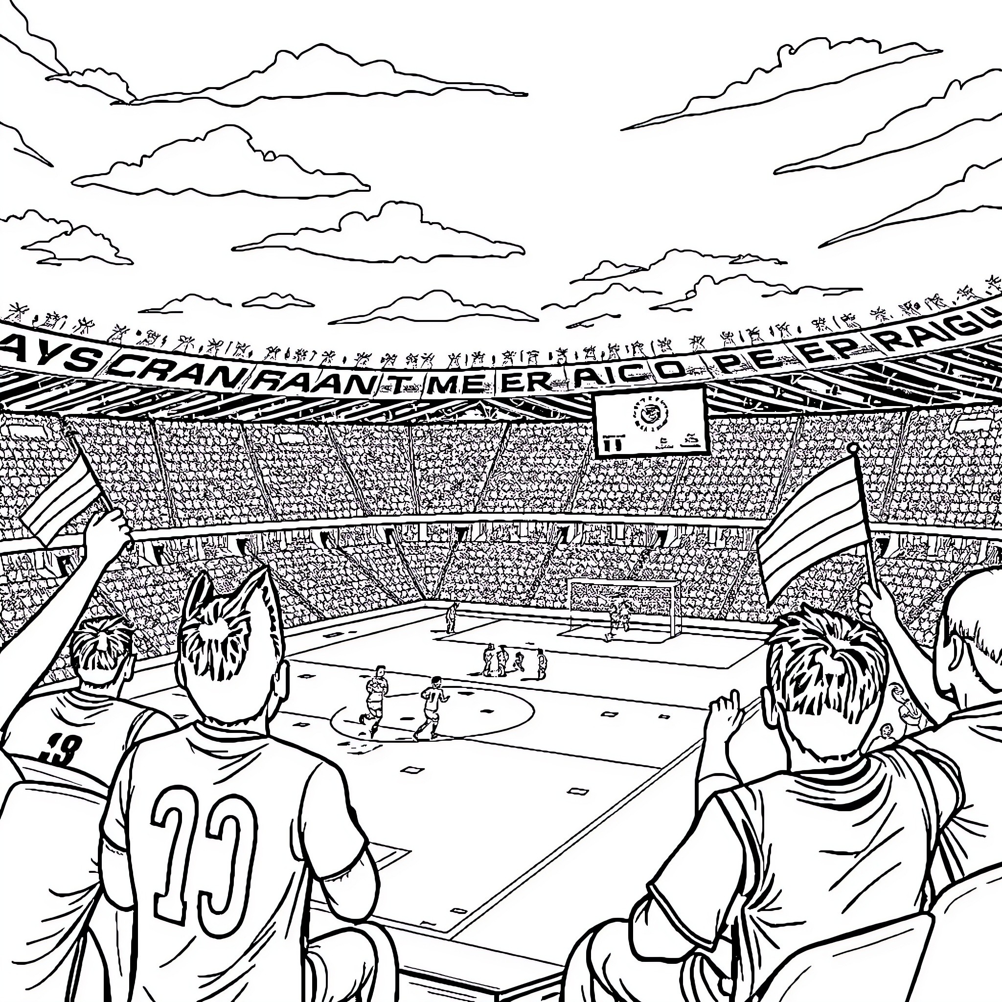 Soccer fans watching an intense match in a stadium Coloring Page (free black-and-white line drawing printable PDF for all, from beginners to advanced learners, including children, teens, adults, and seniors)