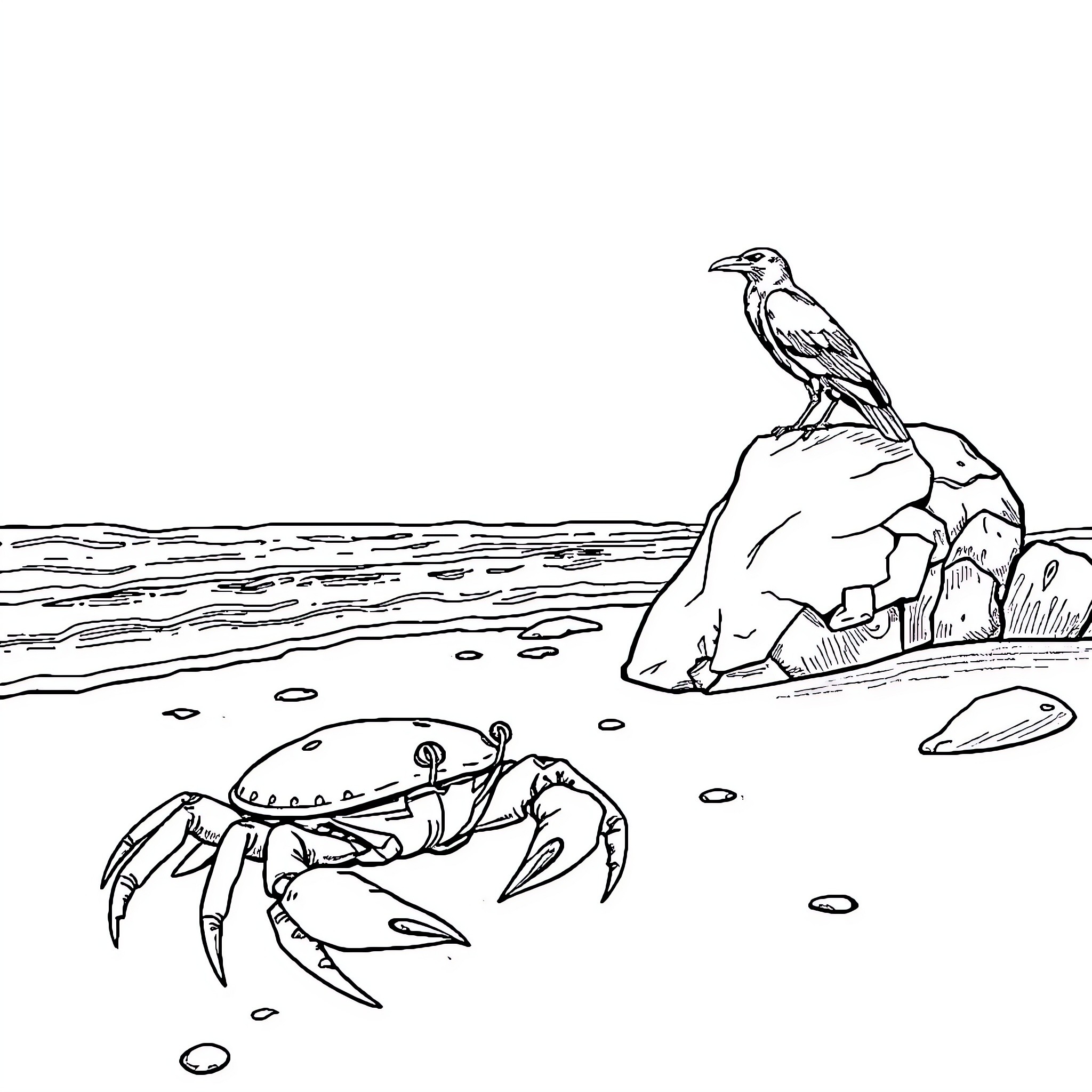Crab exploring the rocky shoreline with a watchful bird Coloring Page (free black-and-white line drawing printable PDF for all, from beginners to advanced learners, including children, teens, adults, and seniors)