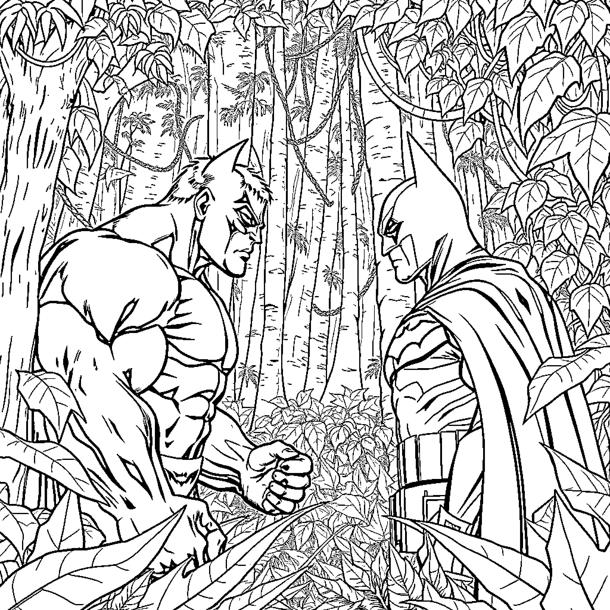 Hulk's Jungle Showdown Coloring Page (free black-and-white line drawing printable PDF for all, from beginners to advanced learners, including children, teens, adults, and seniors)