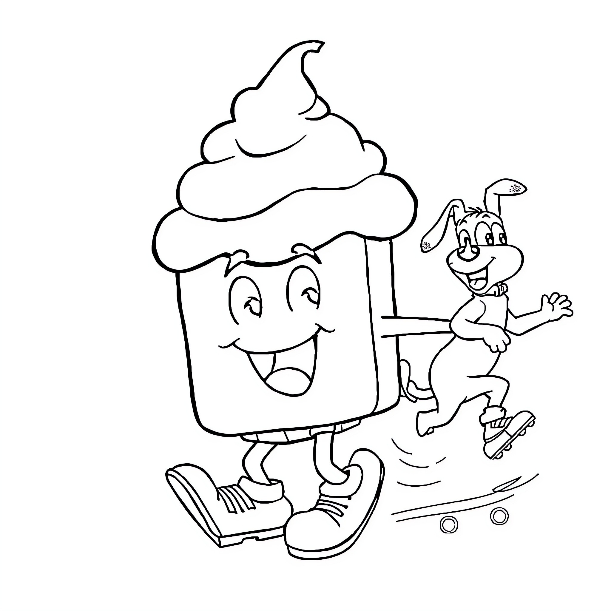 Hersey character skating with dog companion Coloring Page (free black-and-white line drawing printable PDF for all, from beginners to advanced learners, including children, teens, adults, and seniors)
