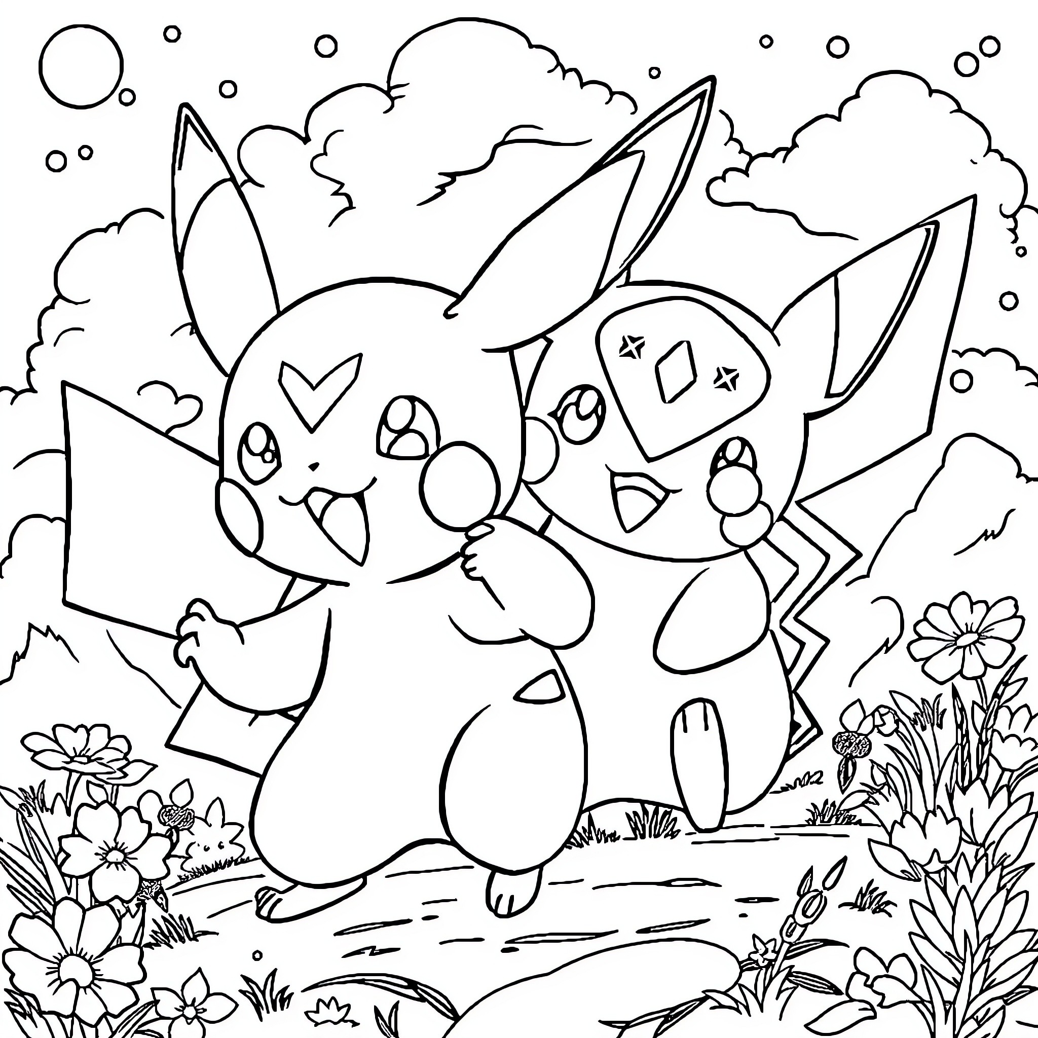 Pikachu and friends playing in a magical forest Coloring Page (free black-and-white line drawing printable PDF for all, from beginners to advanced learners, including children, teens, adults, and seniors)