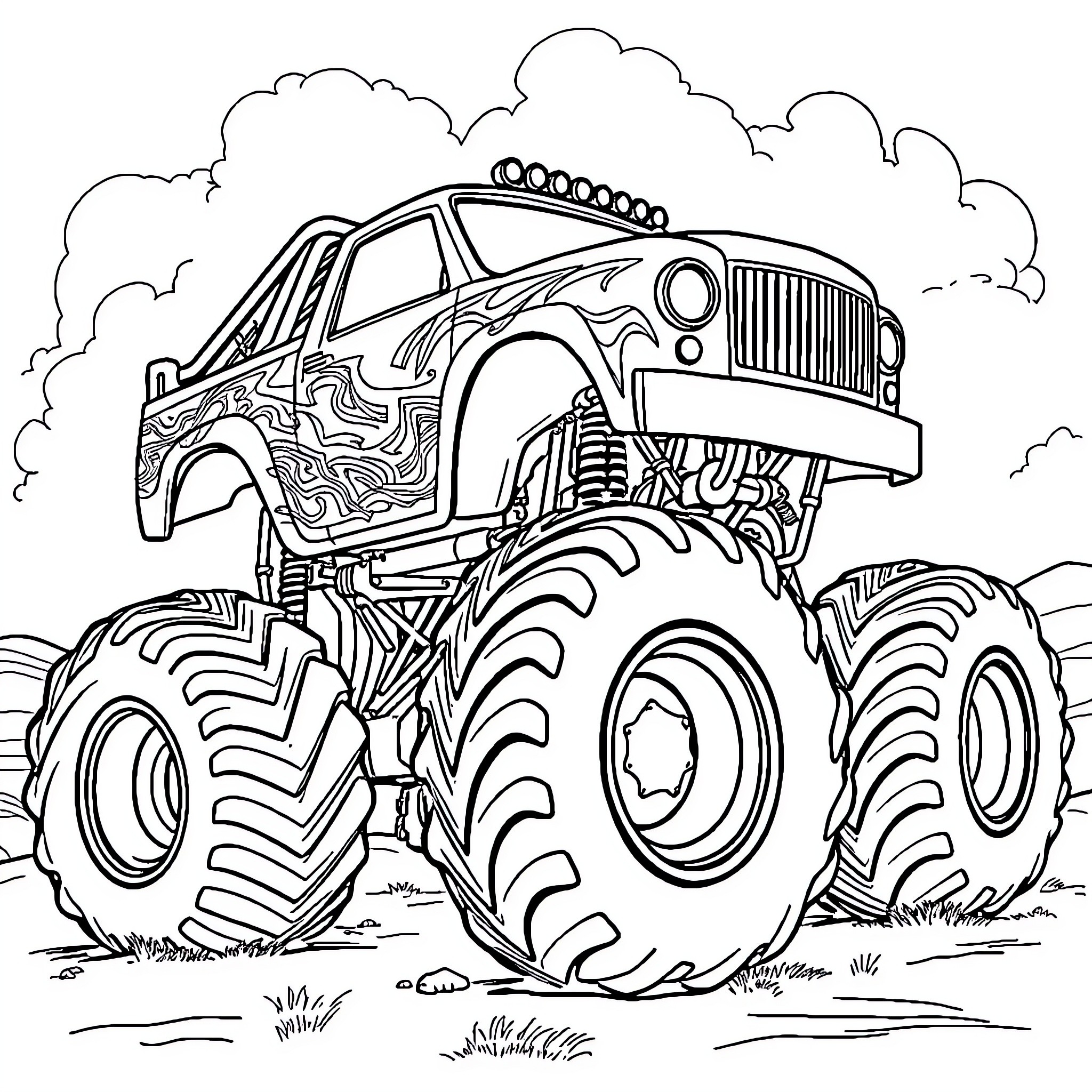 Monster Truck Jumping Over Obstacles in the Outdoors Coloring Page (free black-and-white line drawing printable PDF for all, from beginners to advanced learners, including children, teens, adults, and seniors)
