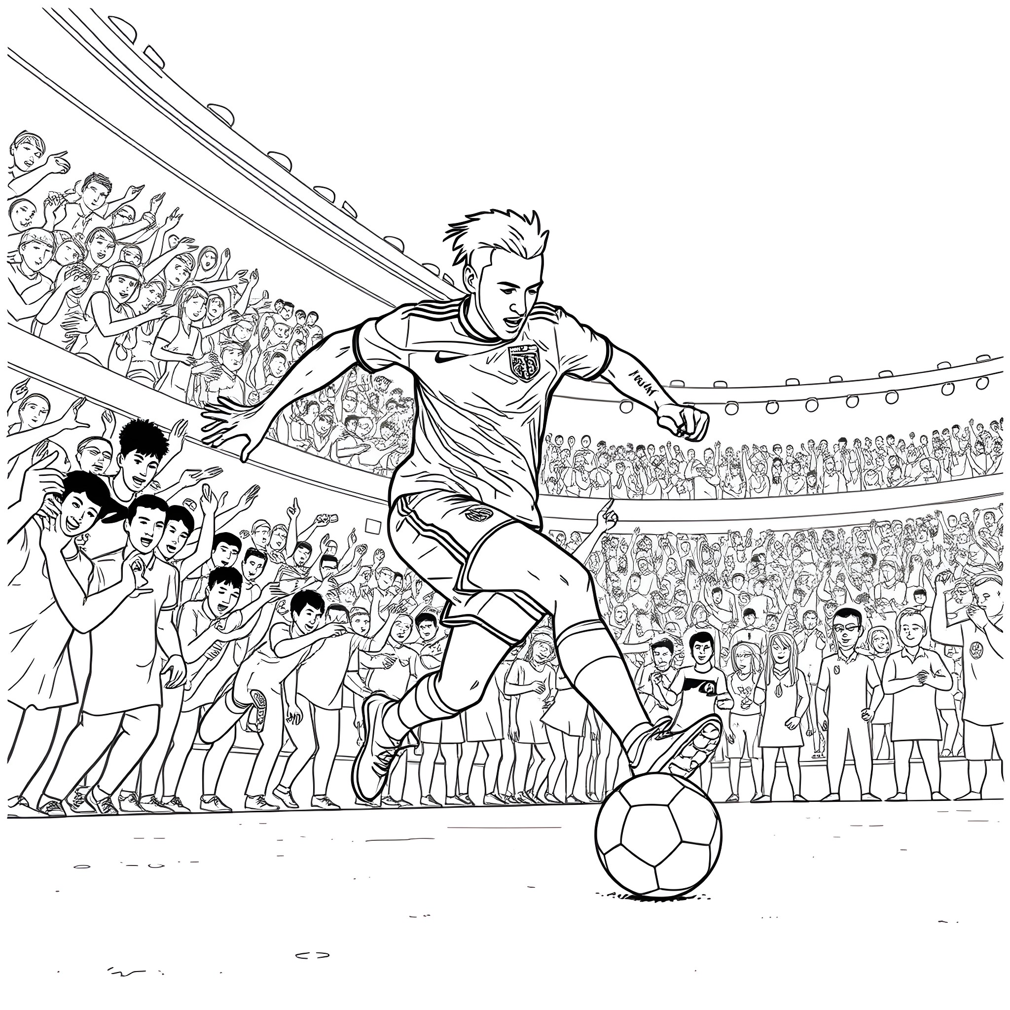 Neymar performing a soccer skill in front of a crowd Coloring Page (free black-and-white line drawing printable PDF for all, from beginners to advanced learners, including children, teens, adults, and seniors)
