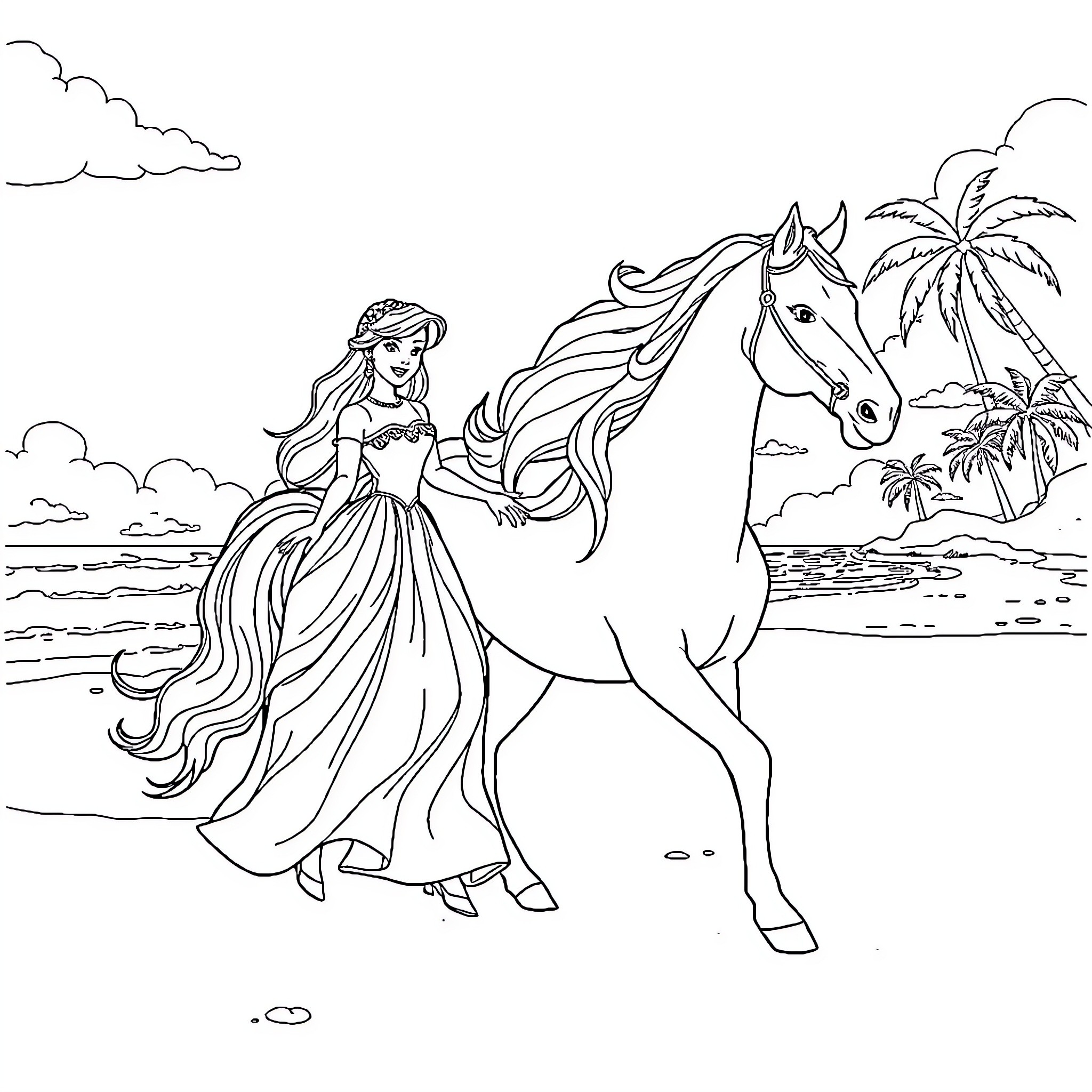 Princess Riding Majestic Horse by the Beach Coloring Page (free black-and-white line drawing printable PDF for all, from beginners to advanced learners, including children, teens, adults, and seniors)